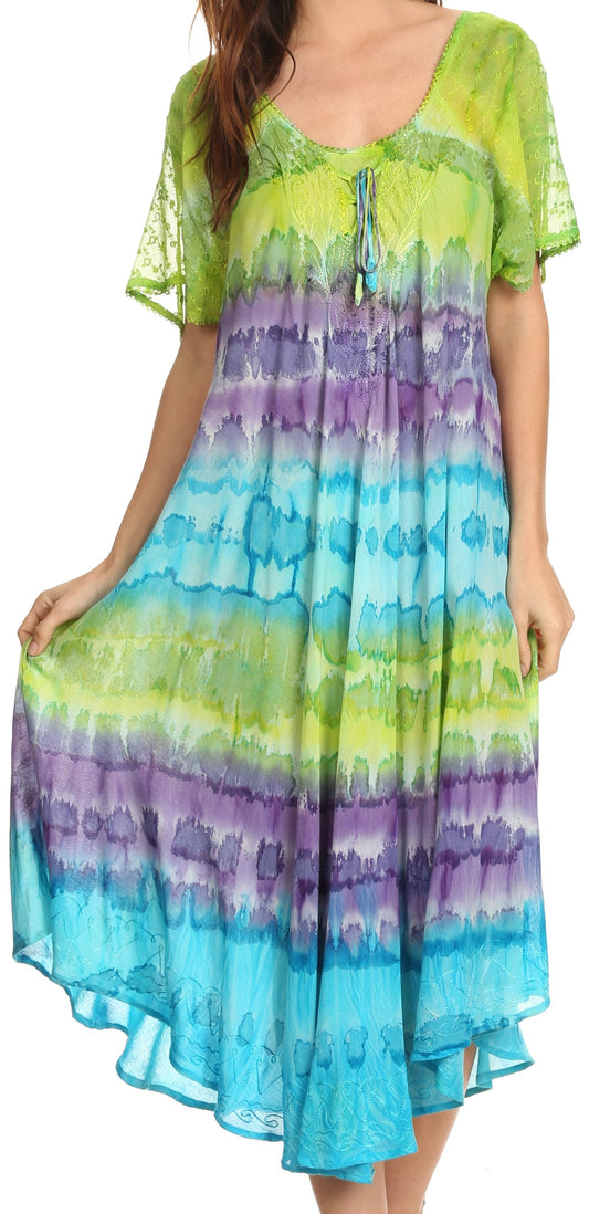 Sakkas Sula Long Laced Tie-Dye Wide Neck Embroidered Boho Sundress Cover Up - Concordia Style Boutique