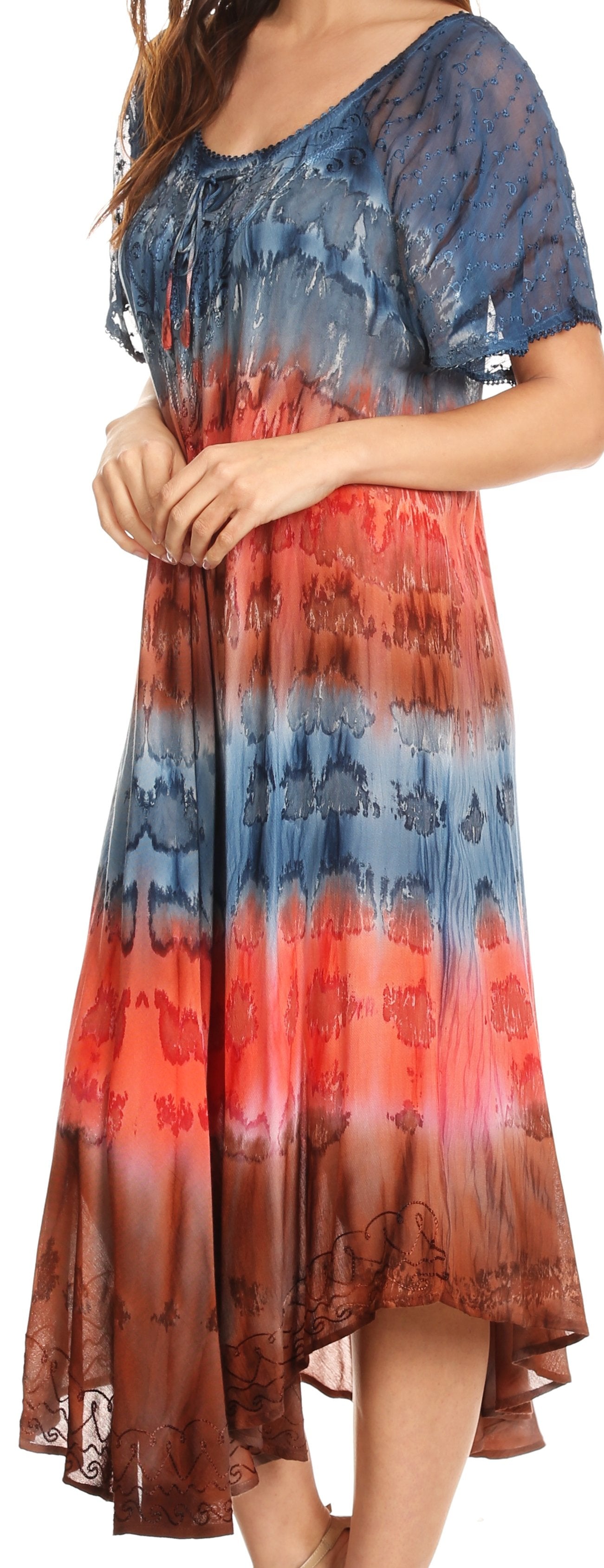 Sakkas Sula Long Laced Tie-Dye Wide Neck Embroidered Boho Sundress Cover Up - Concordia Style Boutique