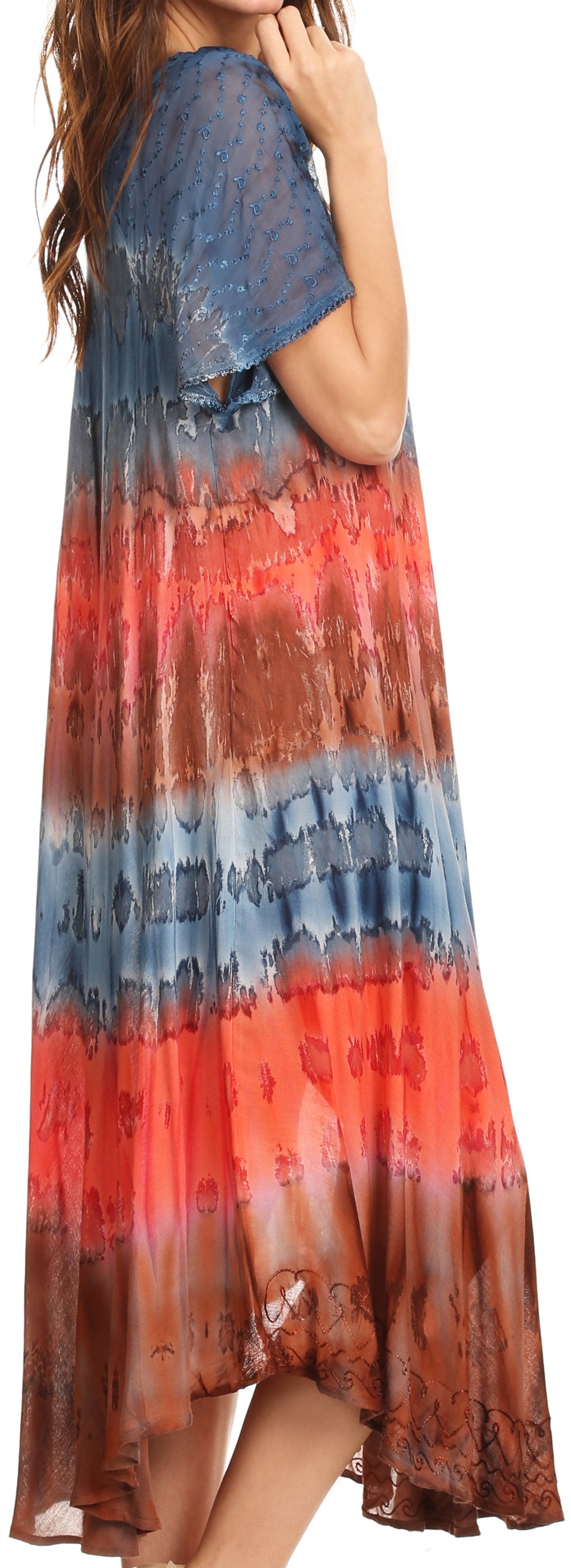 Sakkas Sula Long Laced Tie-Dye Wide Neck Embroidered Boho Sundress Cover Up - Concordia Style Boutique