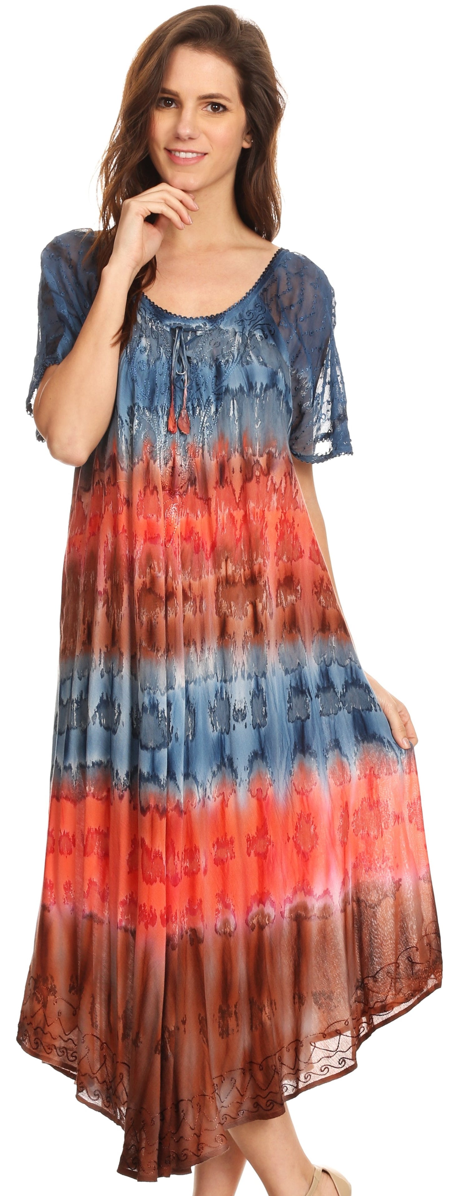 Sakkas Sula Long Laced Tie-Dye Wide Neck Embroidered Boho Sundress Cover Up - Concordia Style Boutique