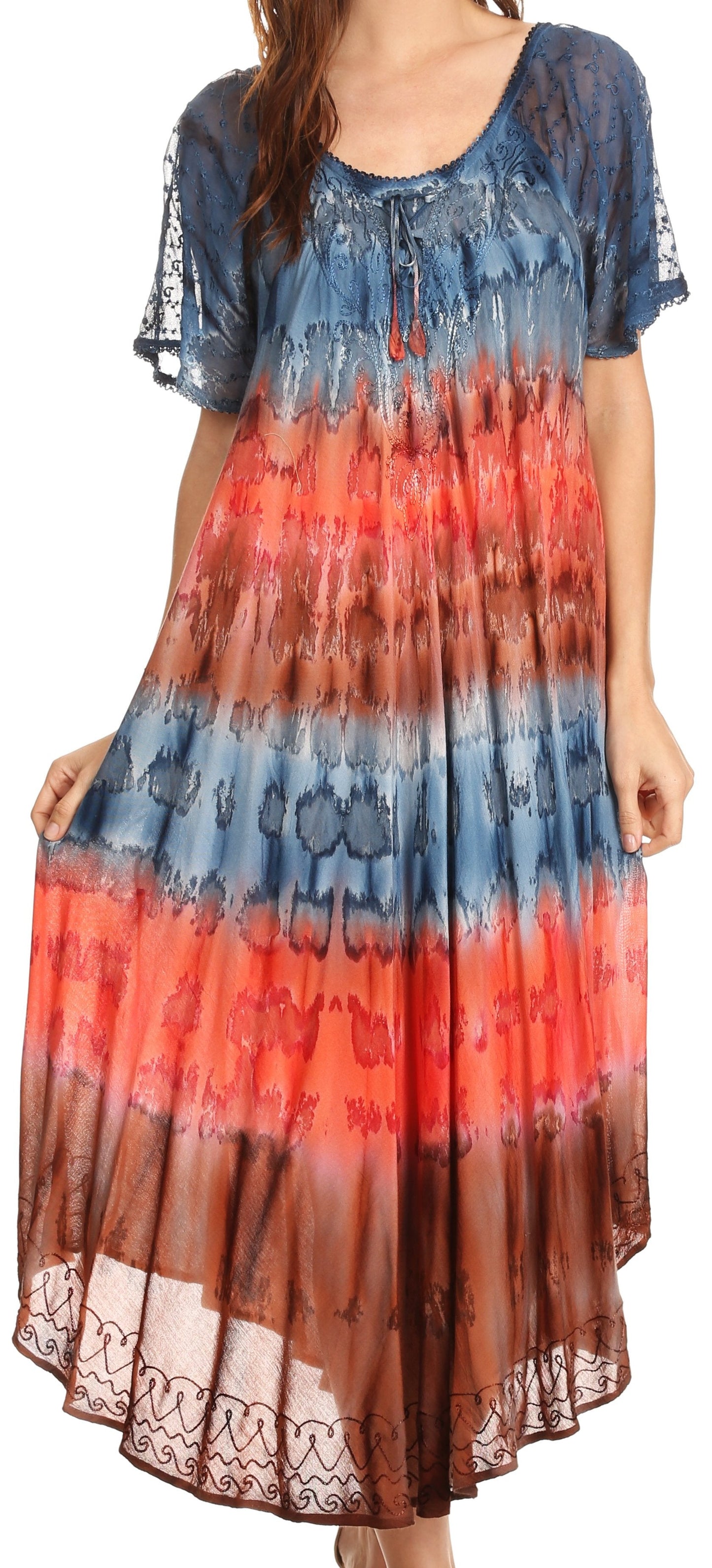 Sakkas Sula Long Laced Tie-Dye Wide Neck Embroidered Boho Sundress Cover Up - Concordia Style Boutique