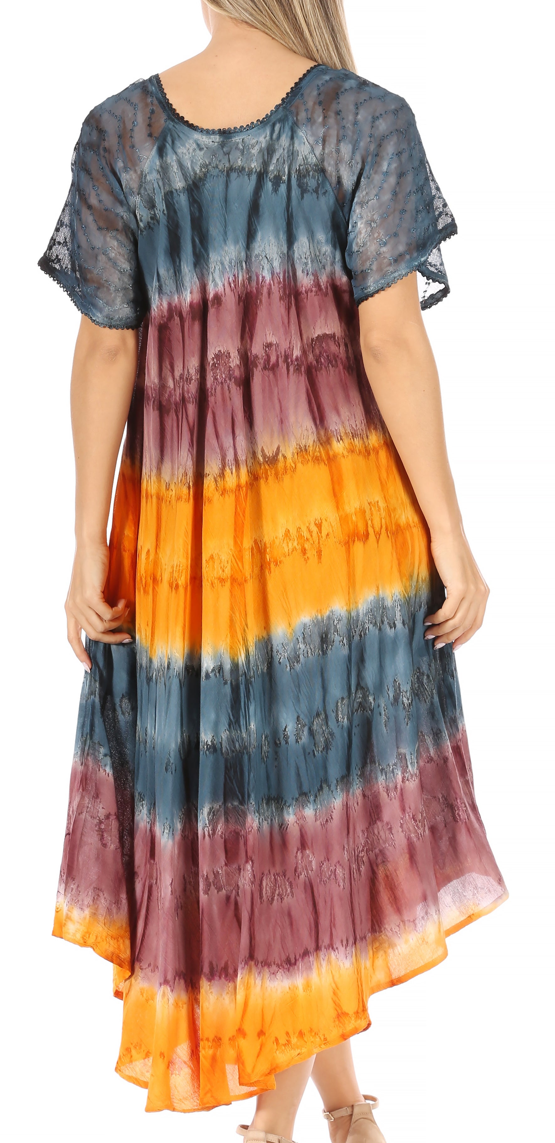 Sakkas Sula Long Laced Tie-Dye Wide Neck Embroidered Boho Sundress Cover Up - Concordia Style Boutique