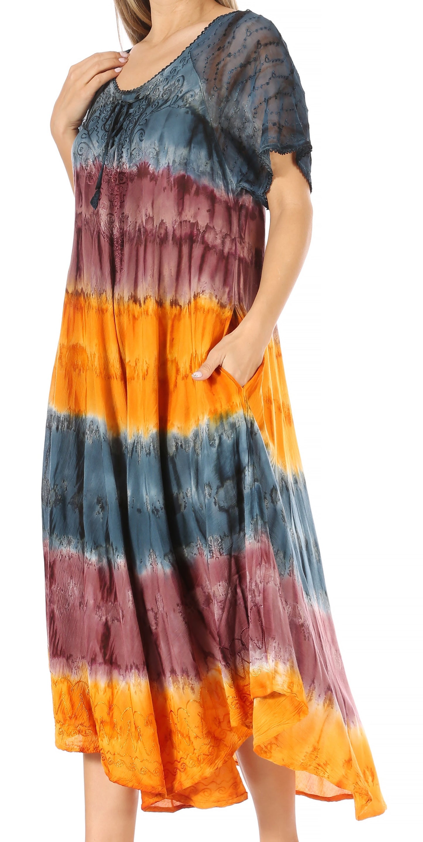Sakkas Sula Long Laced Tie-Dye Wide Neck Embroidered Boho Sundress Cover Up - Concordia Style Boutique