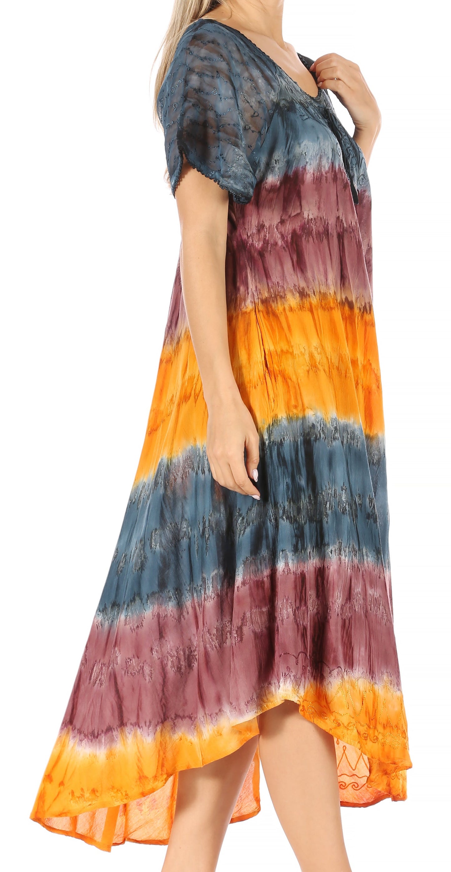Sakkas Sula Long Laced Tie-Dye Wide Neck Embroidered Boho Sundress Cover Up - Concordia Style Boutique
