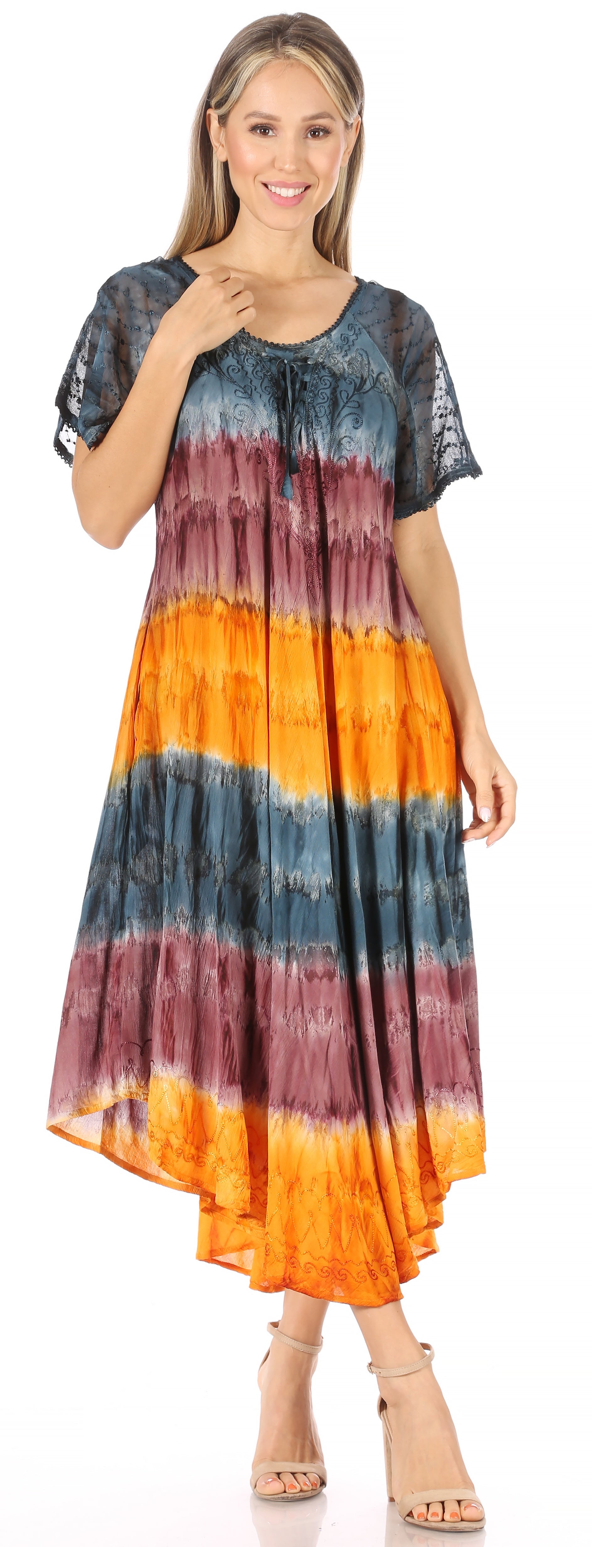 Sakkas Sula Long Laced Tie-Dye Wide Neck Embroidered Boho Sundress Cover Up - Concordia Style Boutique