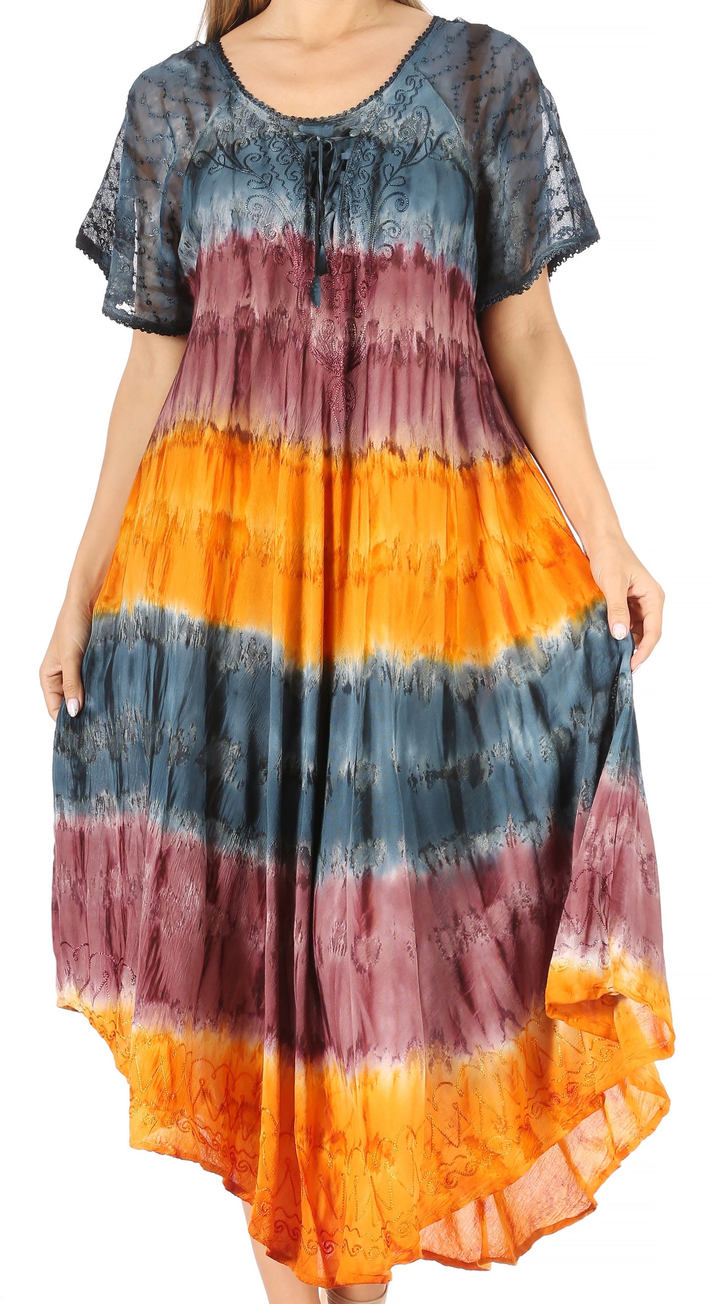 Sakkas Sula Long Laced Tie-Dye Wide Neck Embroidered Boho Sundress Cover Up - Concordia Style Boutique