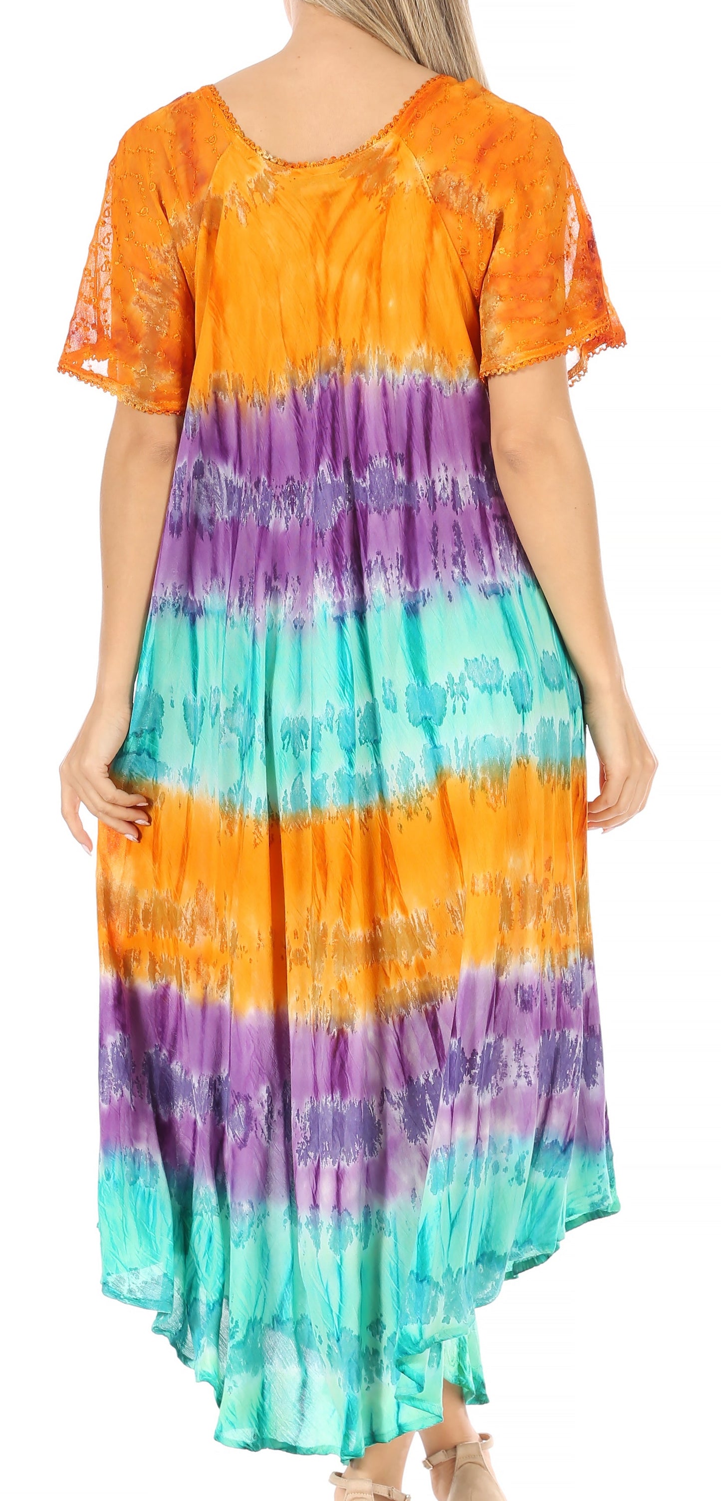 Sakkas Sula Long Laced Tie-Dye Wide Neck Embroidered Boho Sundress Cover Up - Concordia Style Boutique