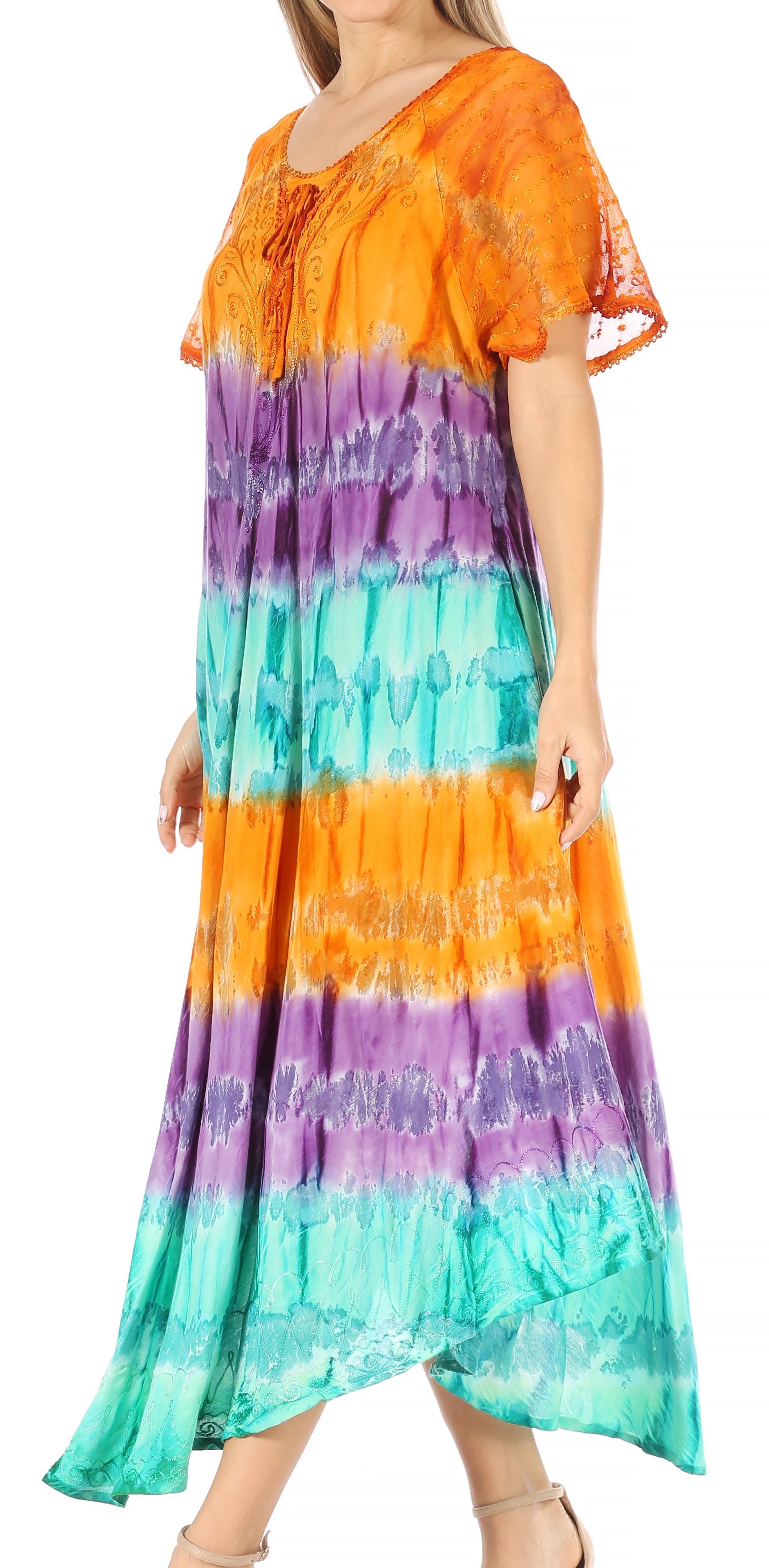 Sakkas Sula Long Laced Tie-Dye Wide Neck Embroidered Boho Sundress Cover Up - Concordia Style Boutique