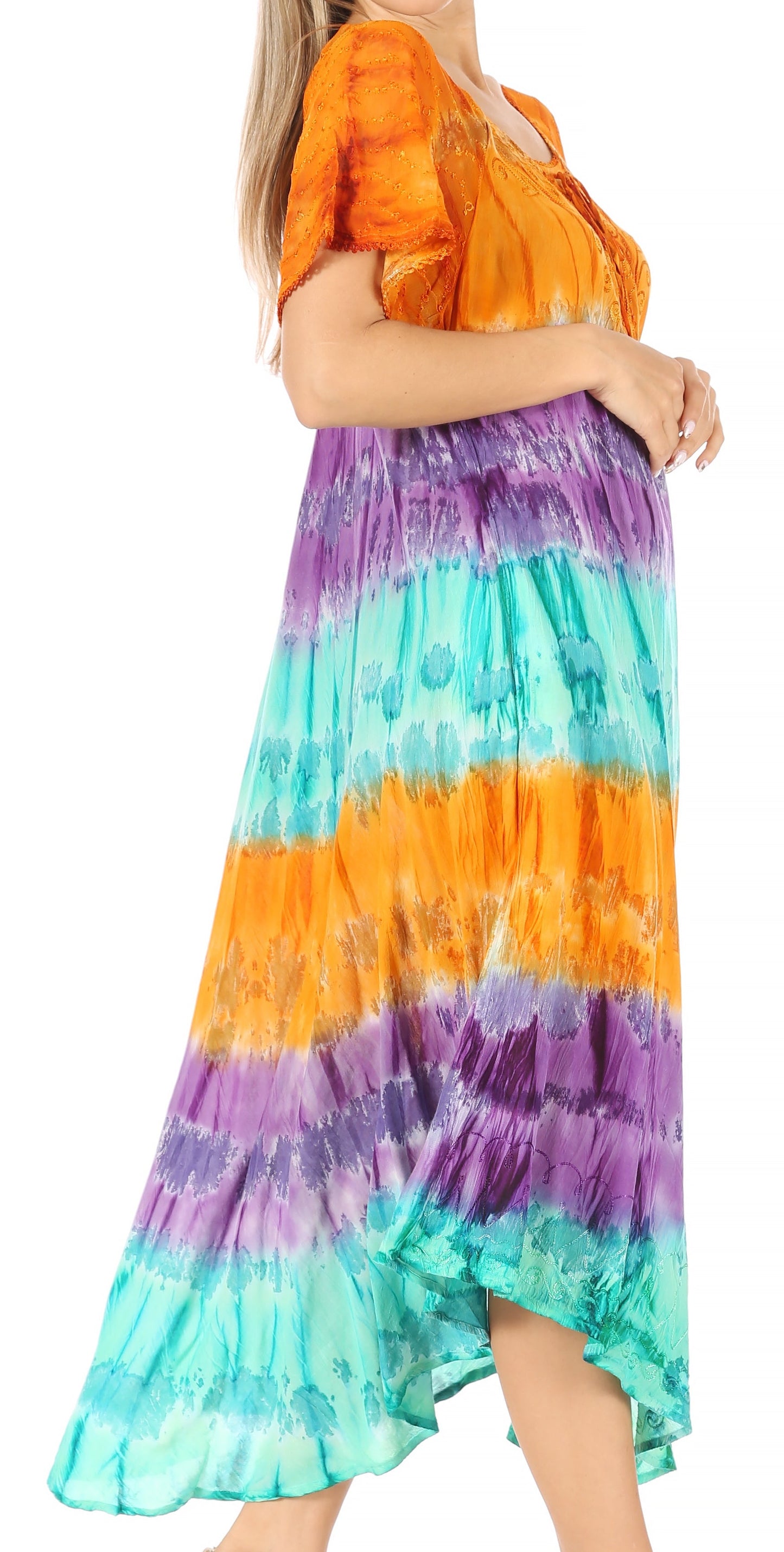 Sakkas Sula Long Laced Tie-Dye Wide Neck Embroidered Boho Sundress Cover Up - Concordia Style Boutique