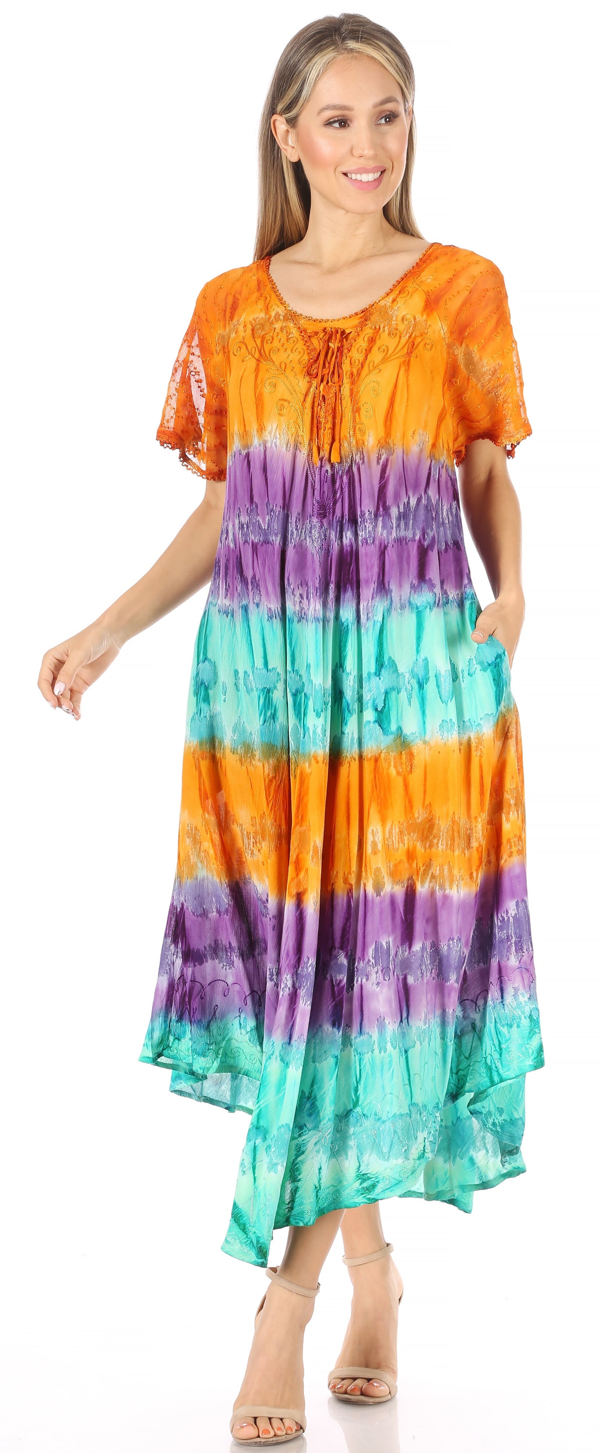 Sakkas Sula Long Laced Tie-Dye Wide Neck Embroidered Boho Sundress Cover Up - Concordia Style Boutique