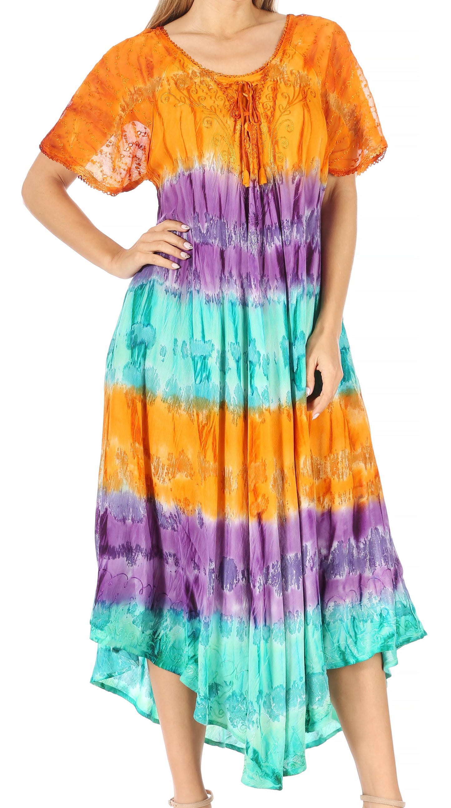 Sakkas Sula Long Laced Tie-Dye Wide Neck Embroidered Boho Sundress Cover Up - Concordia Style Boutique