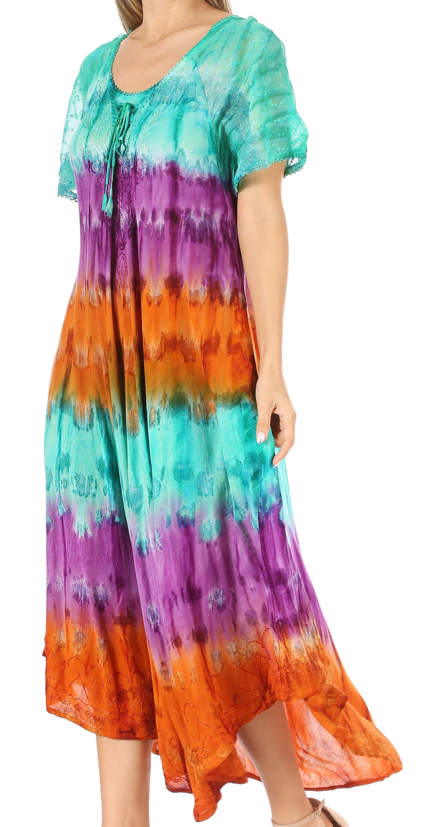 Sakkas Sula Long Laced Tie-Dye Wide Neck Embroidered Boho Sundress Cover Up - Concordia Style Boutique
