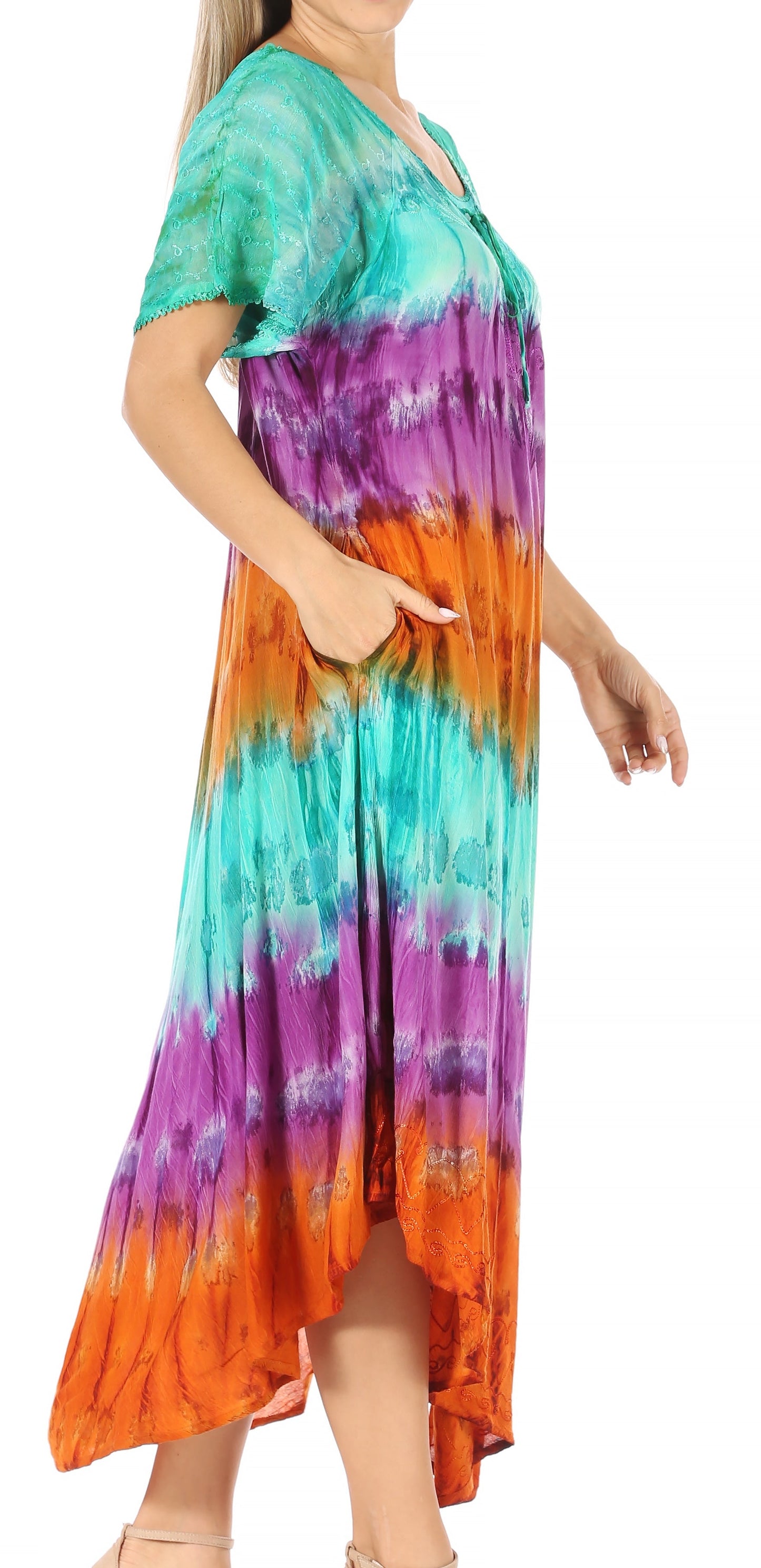 Sakkas Sula Long Laced Tie-Dye Wide Neck Embroidered Boho Sundress Cover Up - Concordia Style Boutique