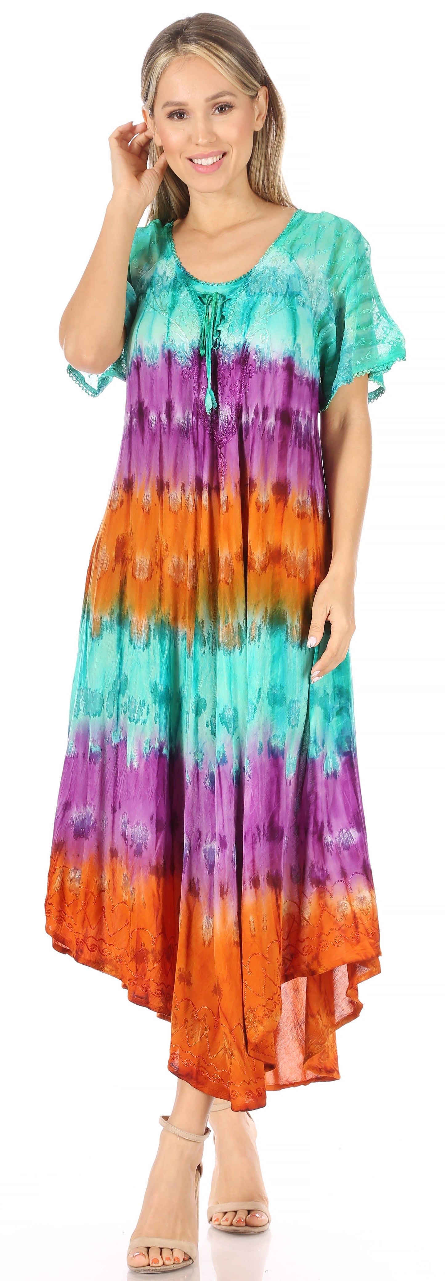 Sakkas Sula Long Laced Tie-Dye Wide Neck Embroidered Boho Sundress Cover Up - Concordia Style Boutique