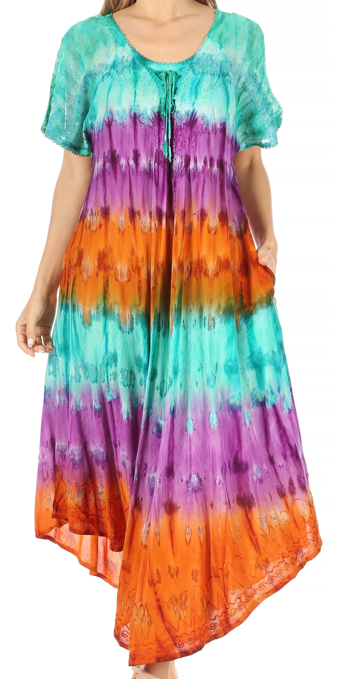 Sakkas Sula Long Laced Tie-Dye Wide Neck Embroidered Boho Sundress Cover Up - Concordia Style Boutique