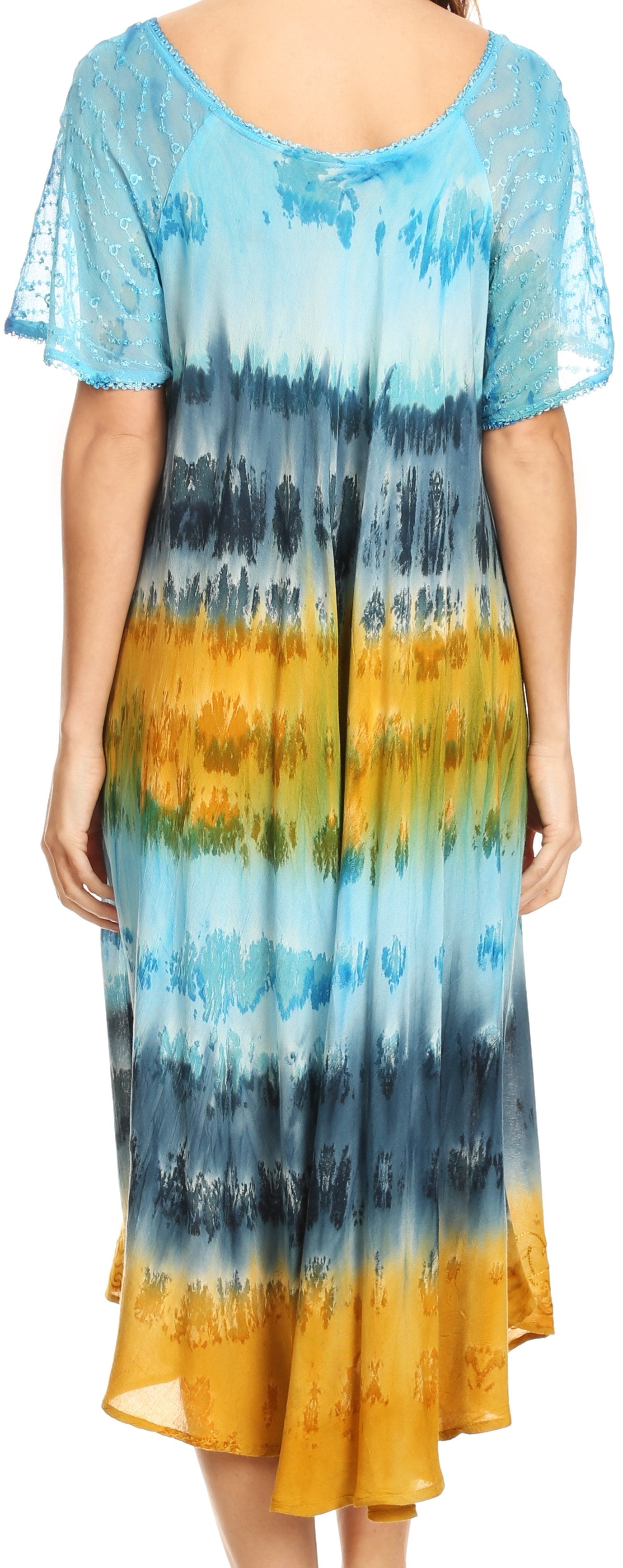 Sakkas Sula Long Laced Tie-Dye Wide Neck Embroidered Boho Sundress Cover Up - Concordia Style Boutique