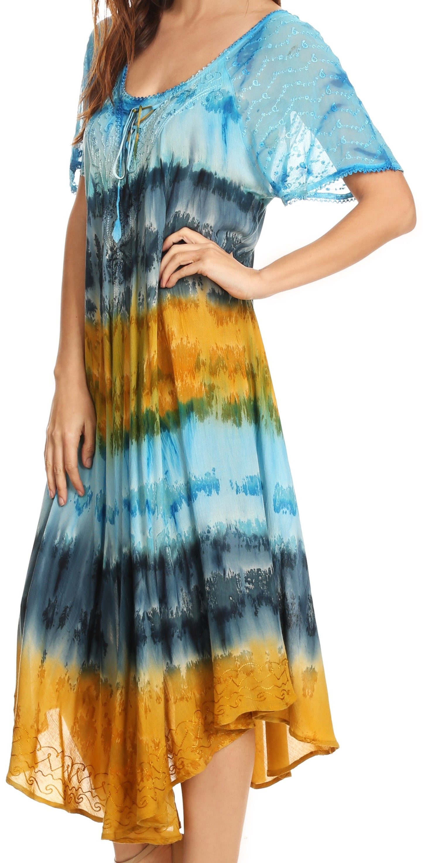 Sakkas Sula Long Laced Tie-Dye Wide Neck Embroidered Boho Sundress Cover Up - Concordia Style Boutique