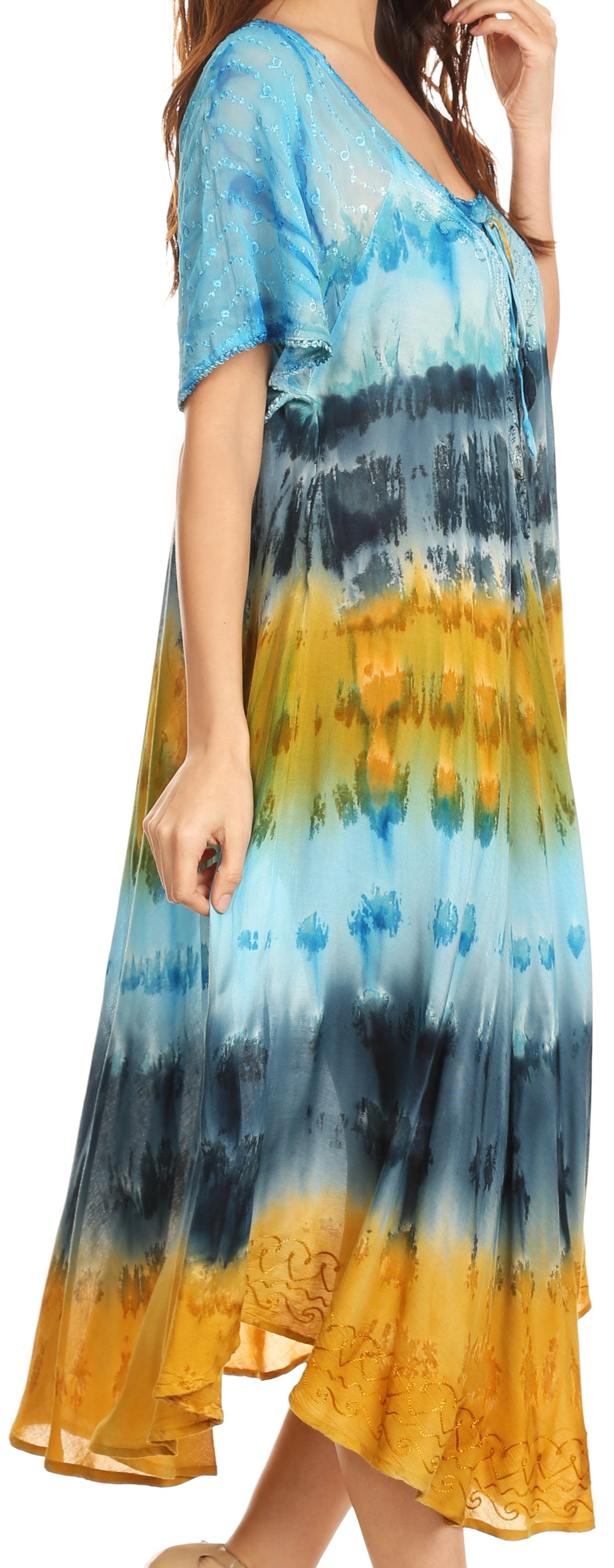 Sakkas Sula Long Laced Tie-Dye Wide Neck Embroidered Boho Sundress Cover Up - Concordia Style Boutique