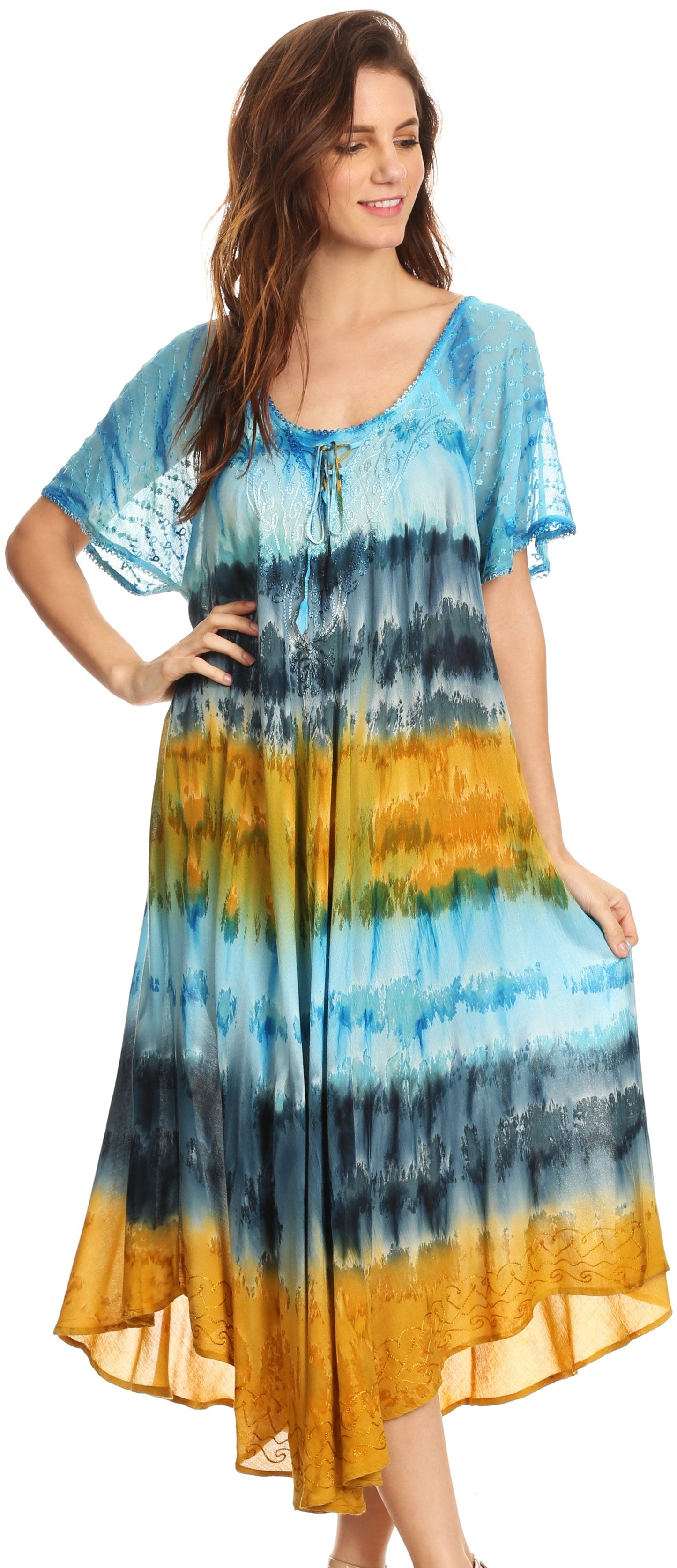 Sakkas Sula Long Laced Tie-Dye Wide Neck Embroidered Boho Sundress Cover Up - Concordia Style Boutique