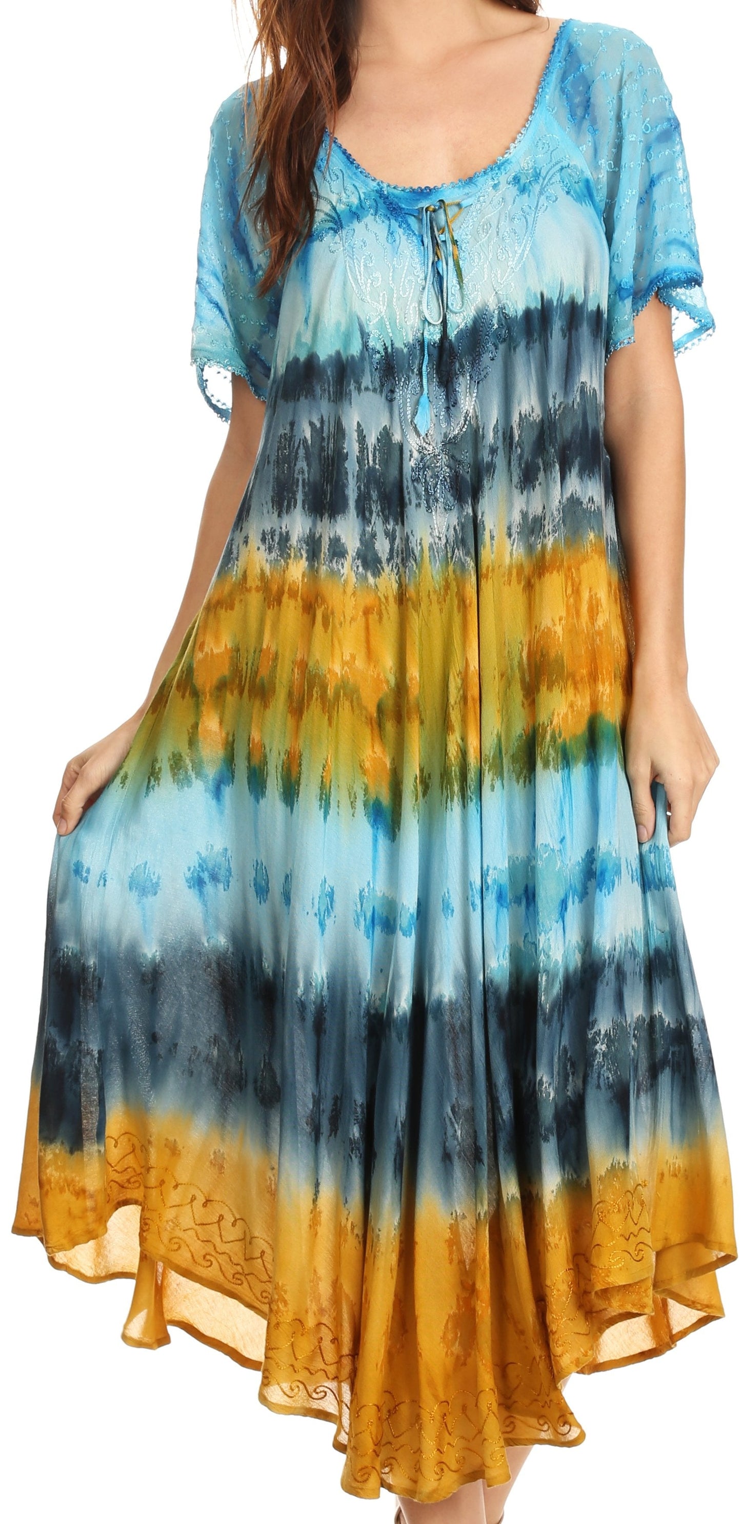 Sakkas Sula Long Laced Tie-Dye Wide Neck Embroidered Boho Sundress Cover Up - Concordia Style Boutique