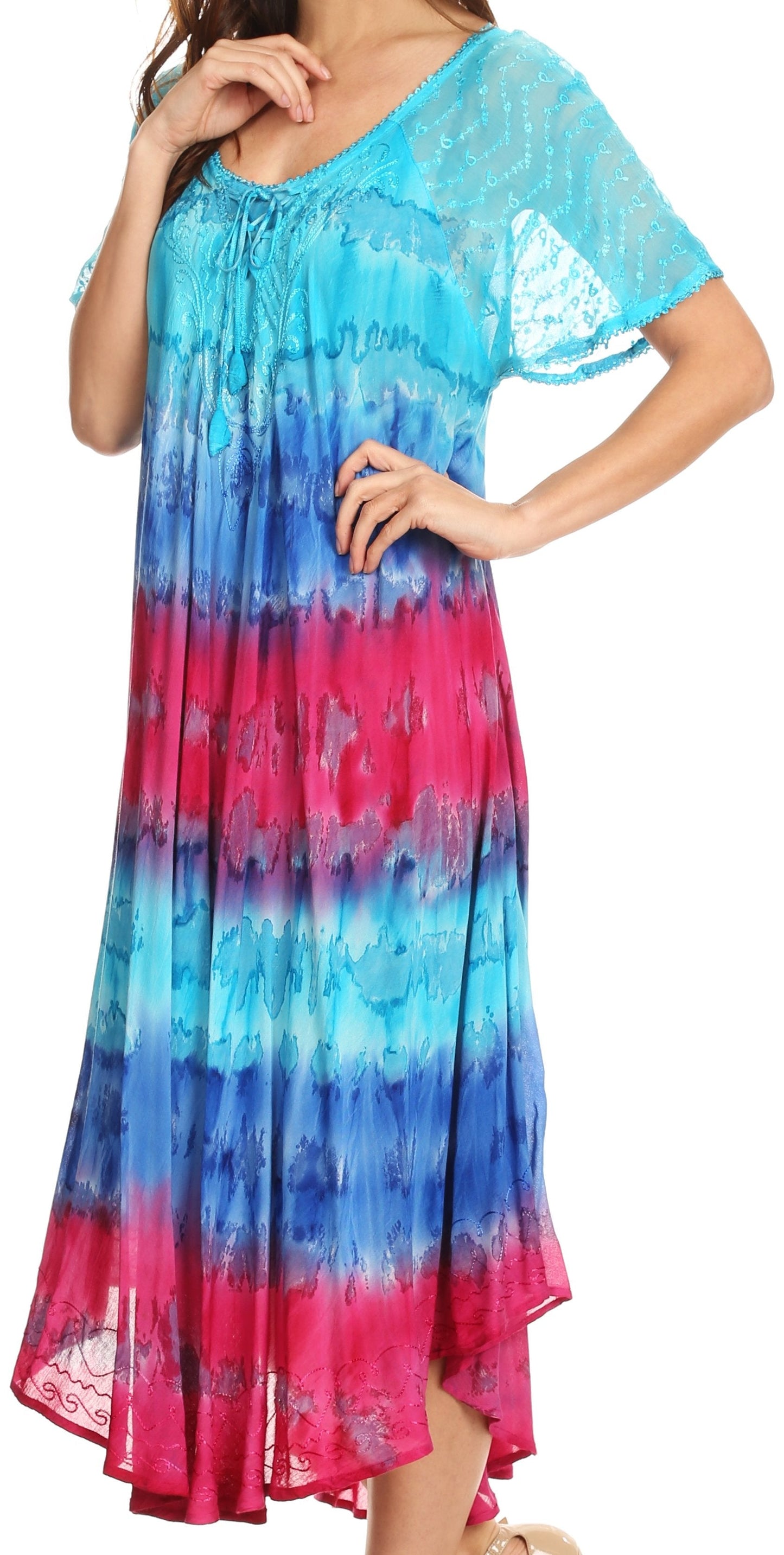 Sakkas Sula Long Laced Tie-Dye Wide Neck Embroidered Boho Sundress Cover Up - Concordia Style Boutique