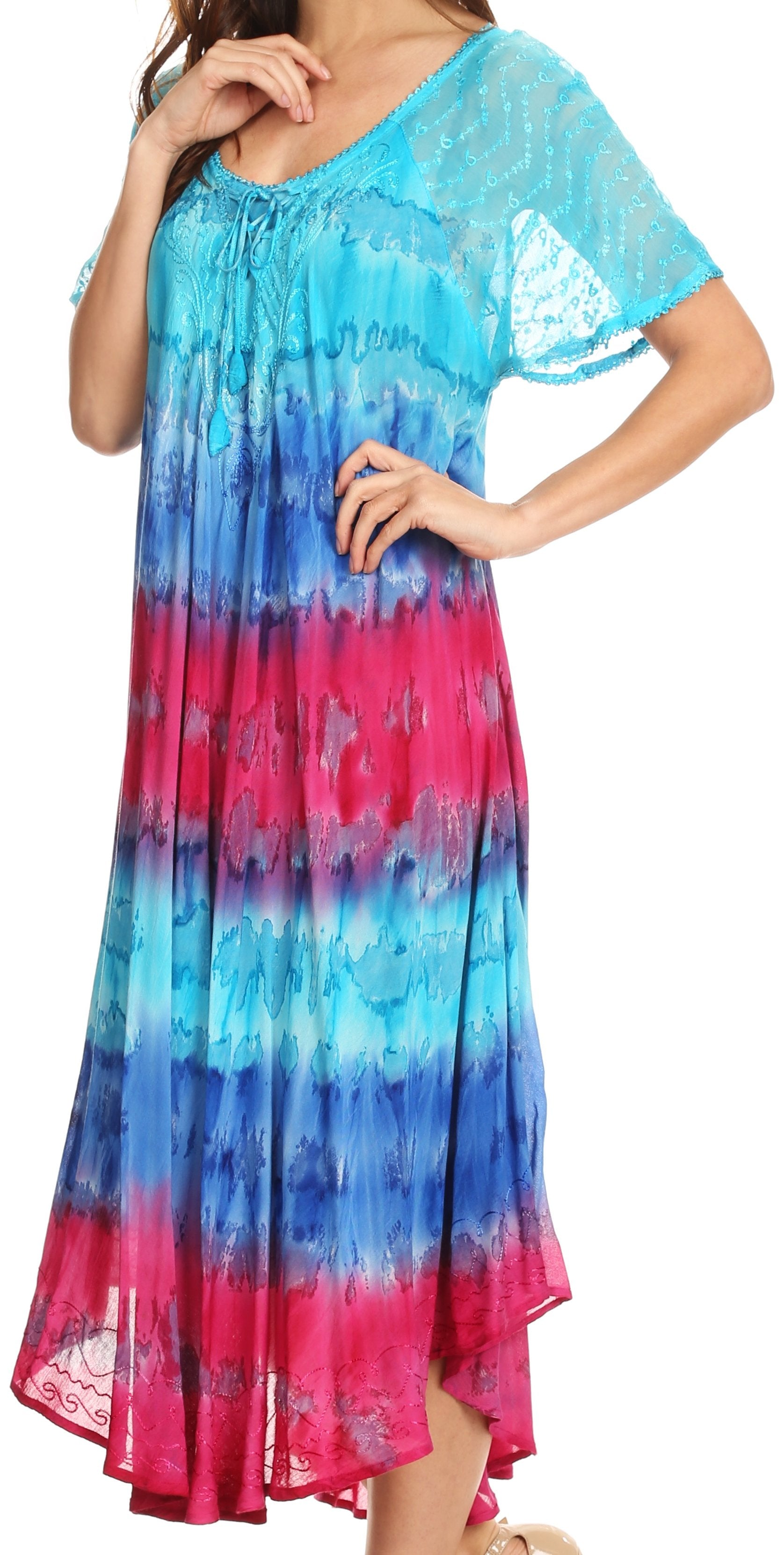 Sakkas Sula Long Laced Tie-Dye Wide Neck Embroidered Boho Sundress Cover Up - Concordia Style Boutique