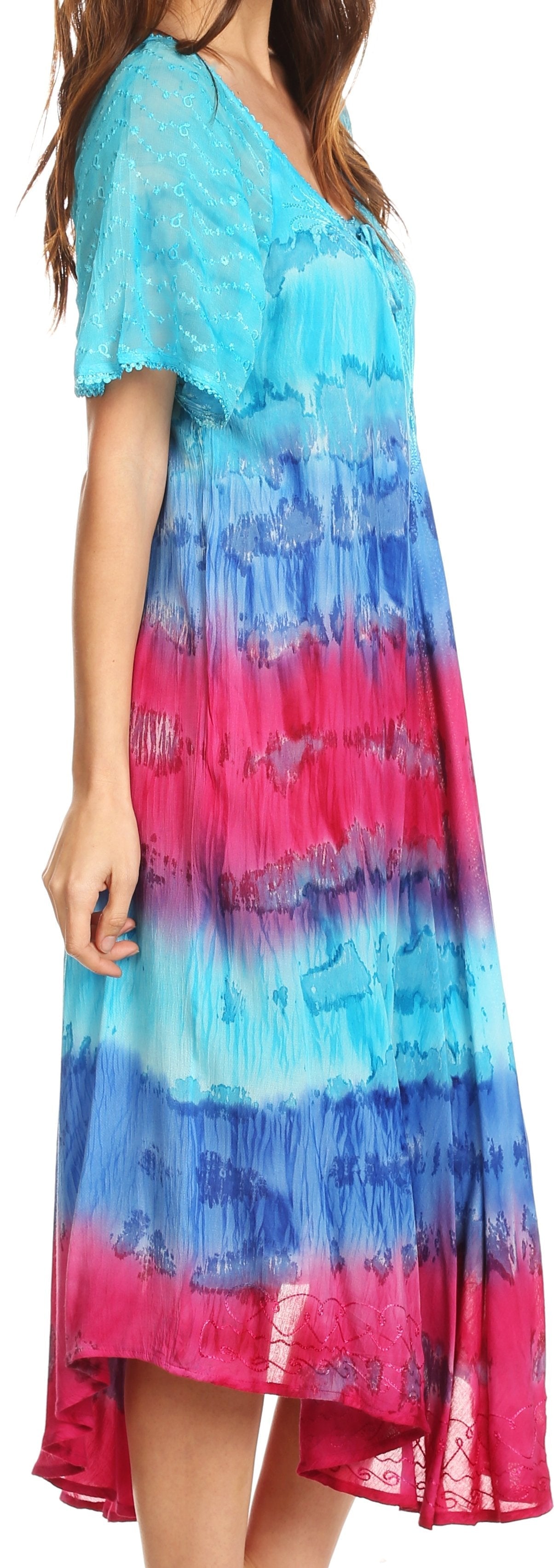 Sakkas Sula Long Laced Tie-Dye Wide Neck Embroidered Boho Sundress Cover Up - Concordia Style Boutique