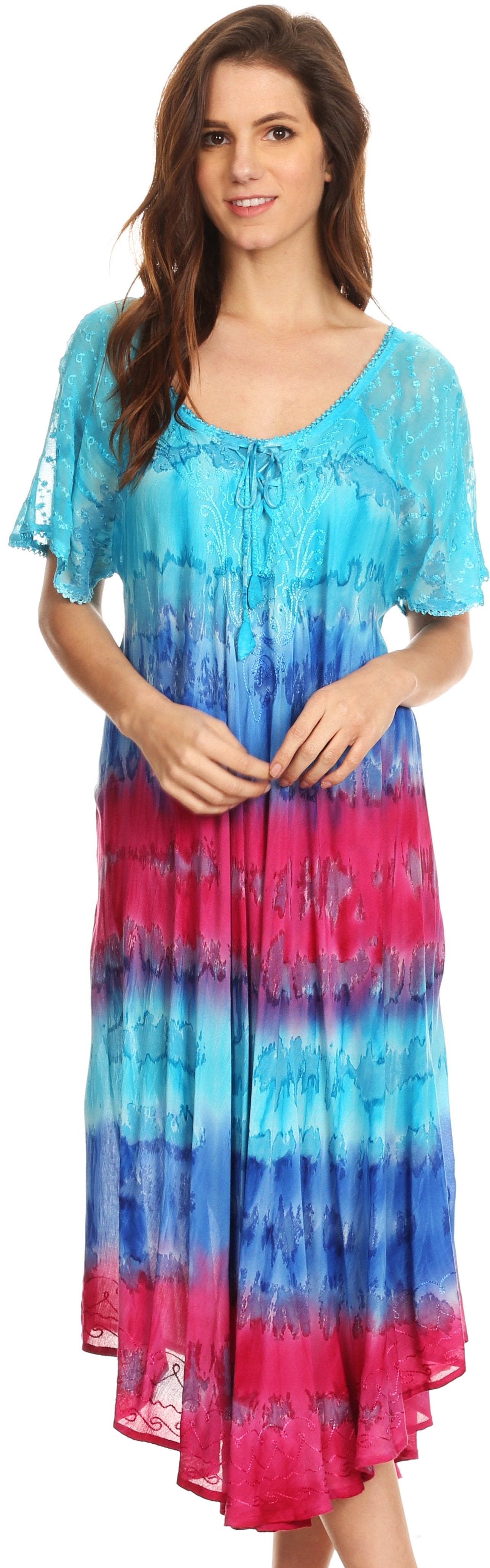 Sakkas Sula Long Laced Tie-Dye Wide Neck Embroidered Boho Sundress Cover Up - Concordia Style Boutique