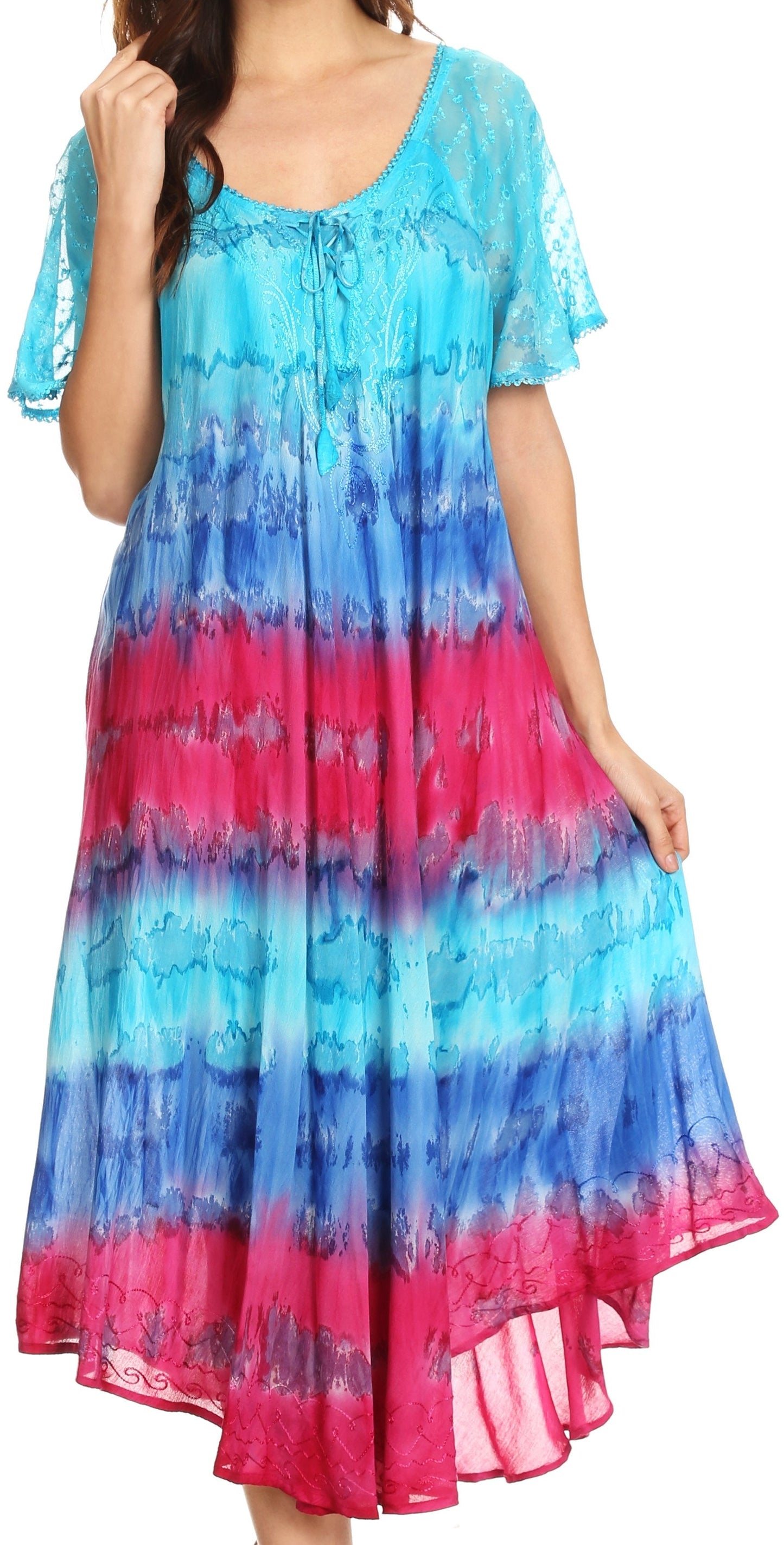 Sakkas Sula Long Laced Tie-Dye Wide Neck Embroidered Boho Sundress Cover Up - Concordia Style Boutique