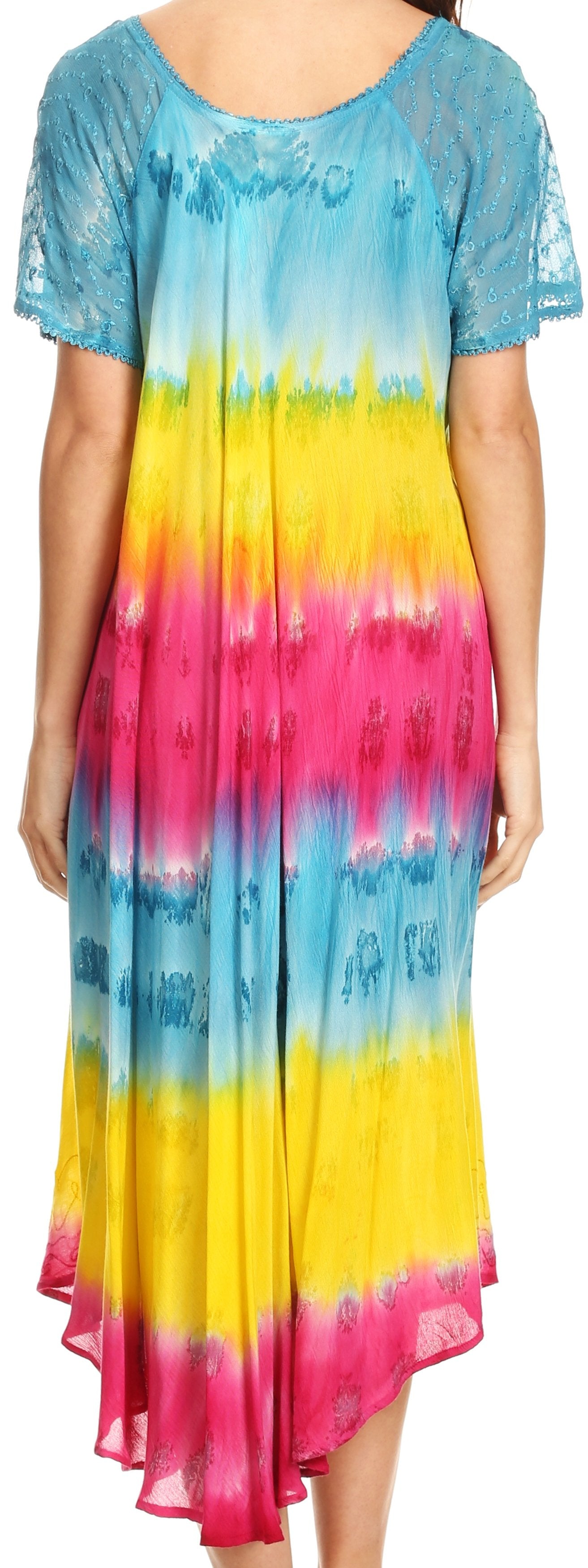 Sakkas Sula Long Laced Tie-Dye Wide Neck Embroidered Boho Sundress Cover Up - Concordia Style Boutique