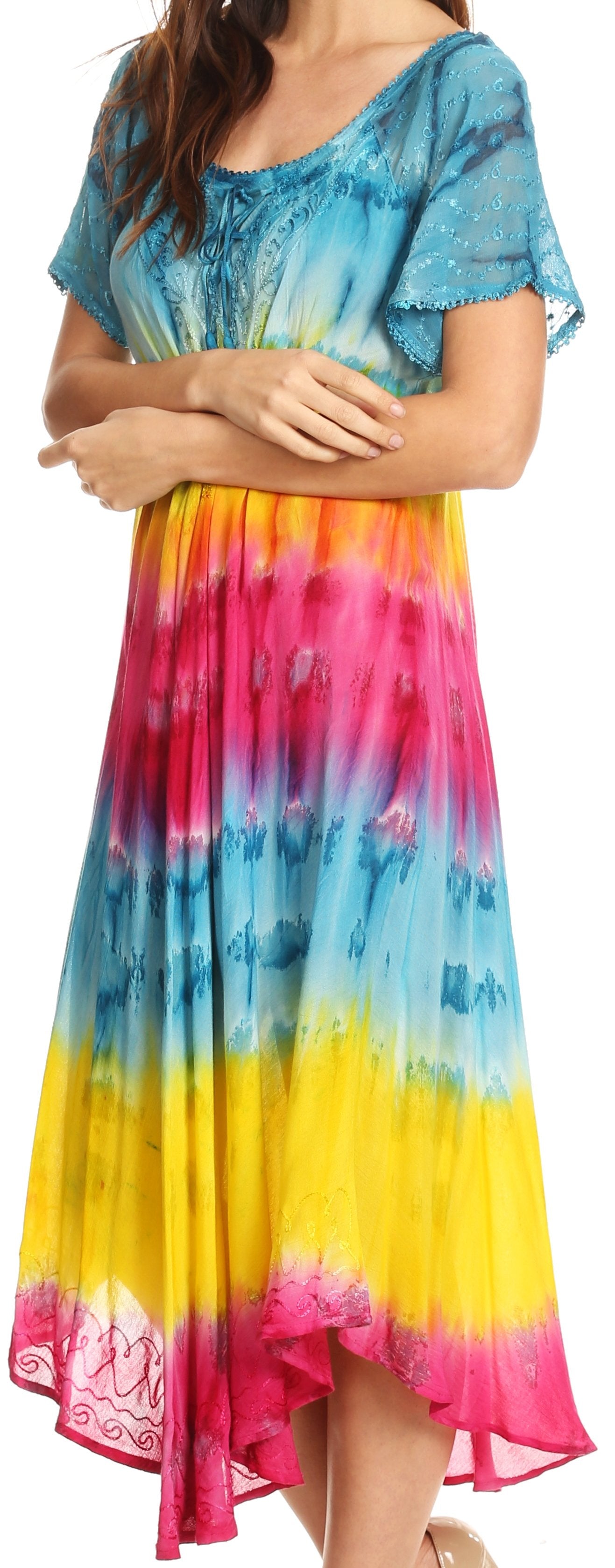 Sakkas Sula Long Laced Tie-Dye Wide Neck Embroidered Boho Sundress Cover Up - Concordia Style Boutique