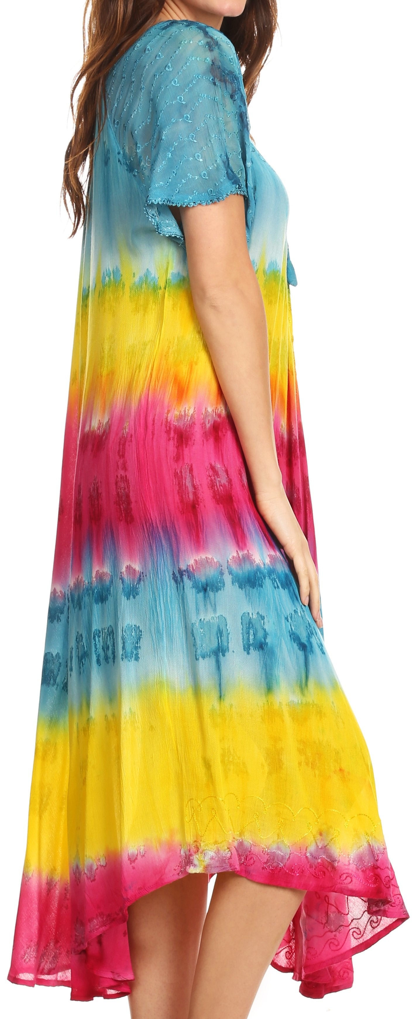 Sakkas Sula Long Laced Tie-Dye Wide Neck Embroidered Boho Sundress Cover Up - Concordia Style Boutique