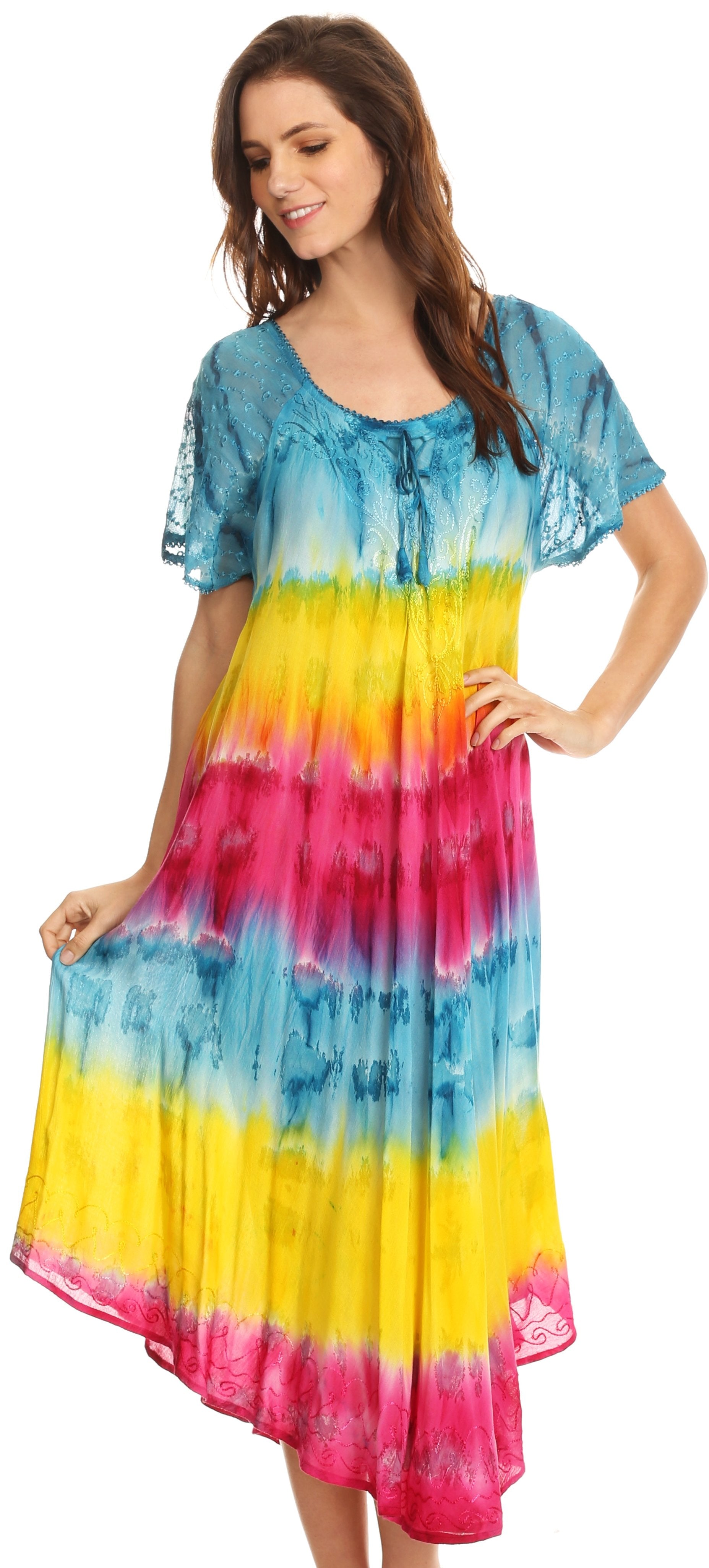 Sakkas Sula Long Laced Tie-Dye Wide Neck Embroidered Boho Sundress Cover Up - Concordia Style Boutique