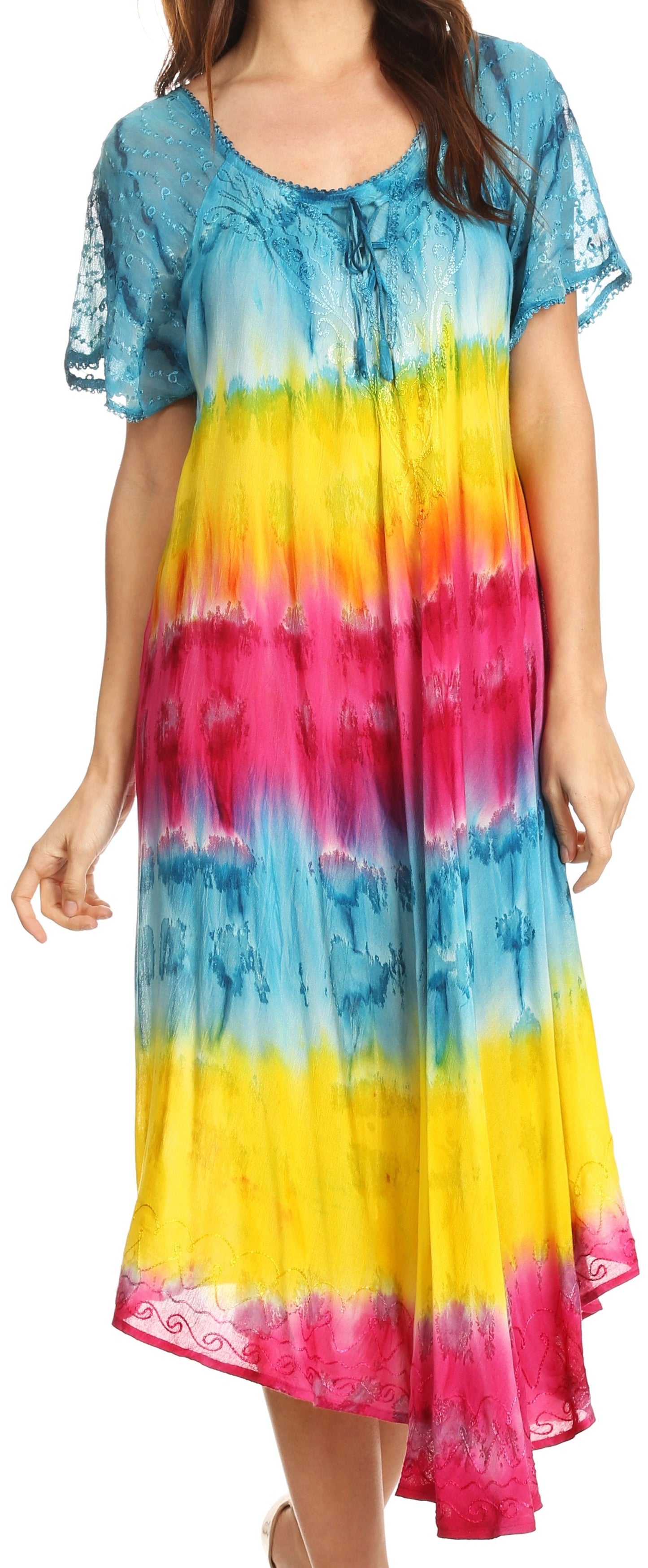 Sakkas Sula Long Laced Tie-Dye Wide Neck Embroidered Boho Sundress Cover Up - Concordia Style Boutique