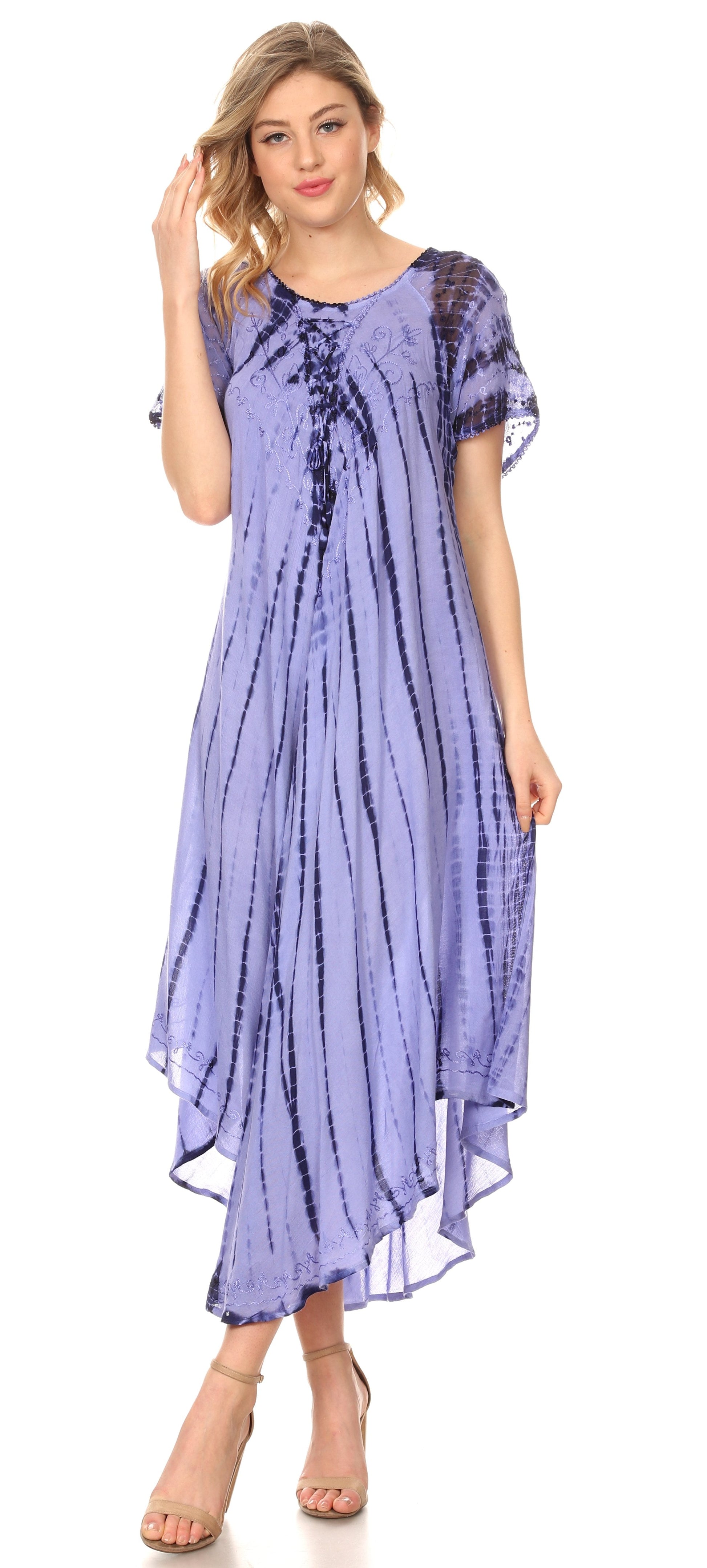 Sakkas Yasmin Tie Dye Embroidered Sheer Cap Sleeve Sundress | Cover Up - Concordia Style Boutique