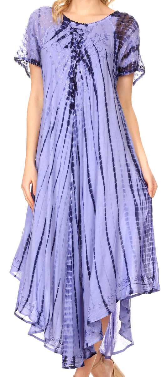 Sakkas Yasmin Tie Dye Embroidered Sheer Cap Sleeve Sundress | Cover Up - Concordia Style Boutique