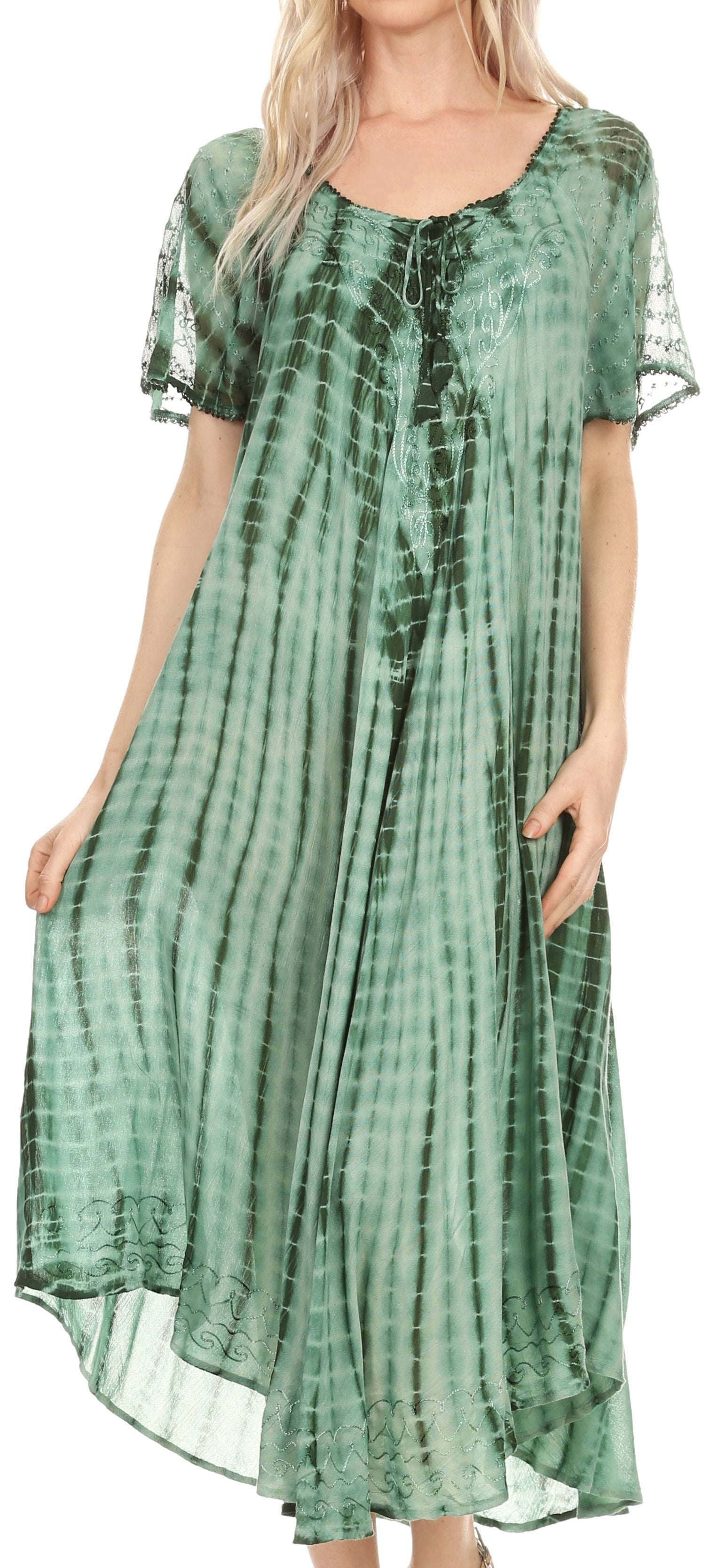 Sakkas Yasmin Tie Dye Embroidered Sheer Cap Sleeve Sundress | Cover Up - Concordia Style Boutique
