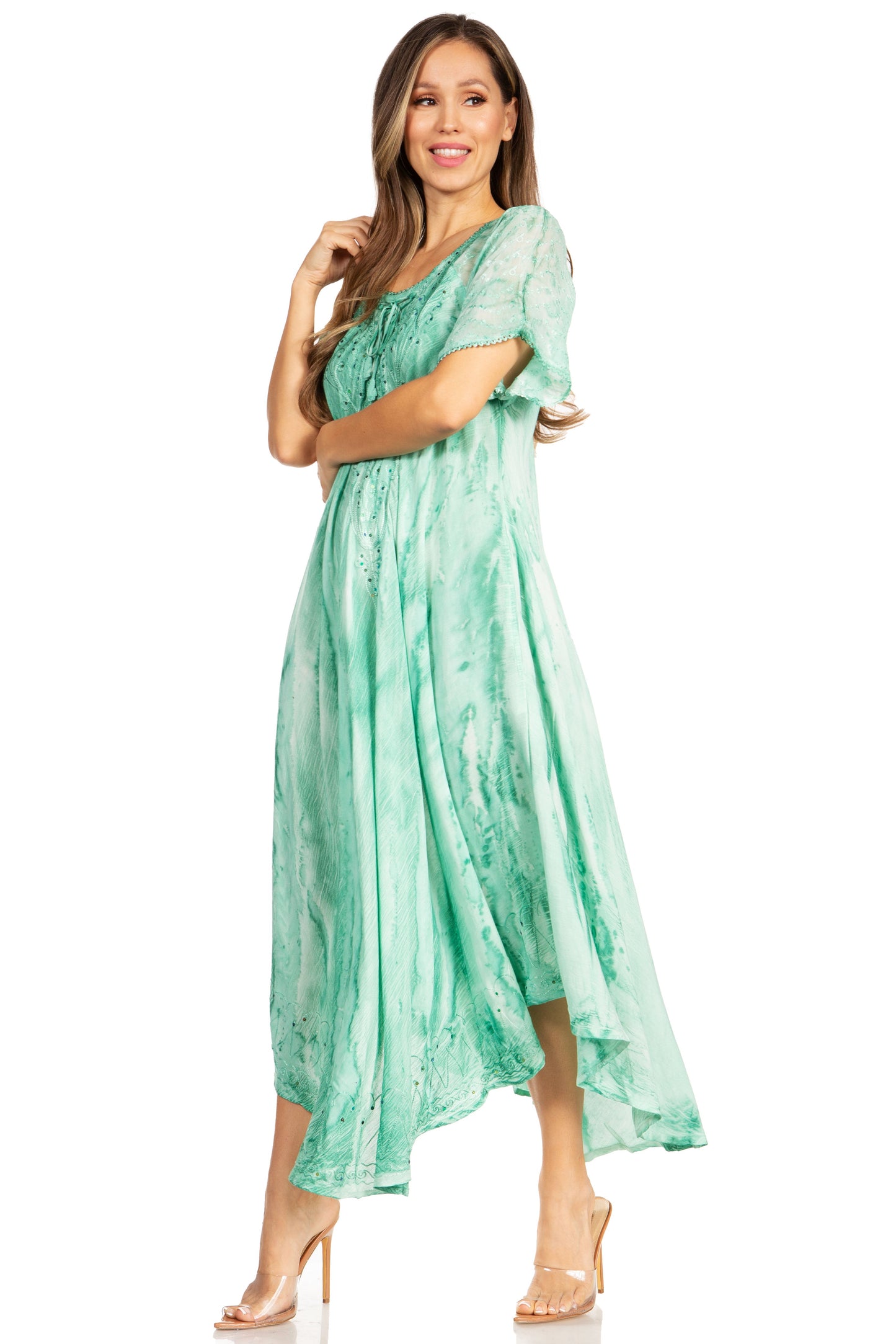 Sakkas Myani Two Tone Embroidered Sheer Cap Sleeve Caftan Long Dress | Cover Up - Concordia Style Boutique