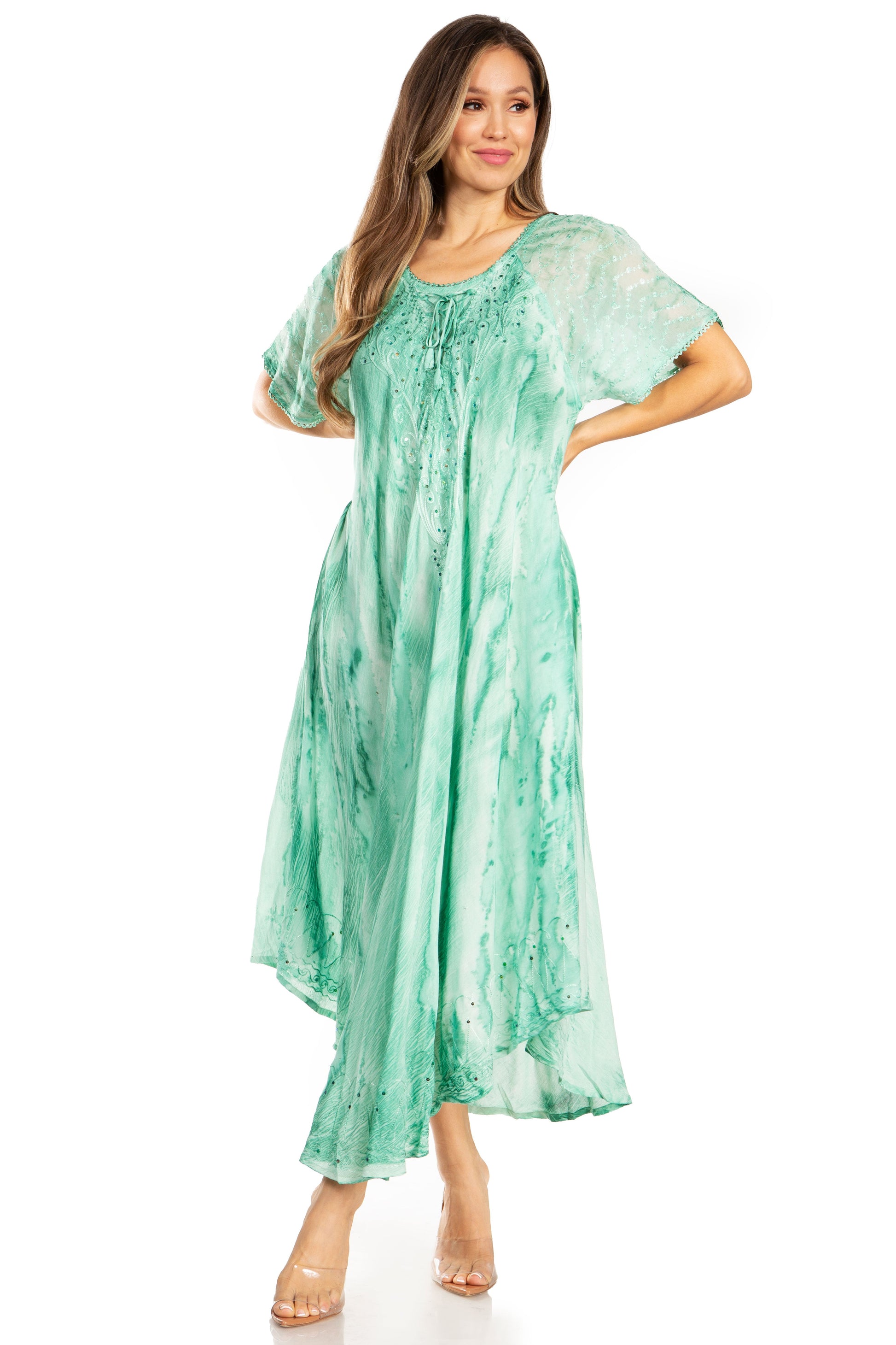 Sakkas Myani Two Tone Embroidered Sheer Cap Sleeve Caftan Long Dress | Cover Up - Concordia Style Boutique