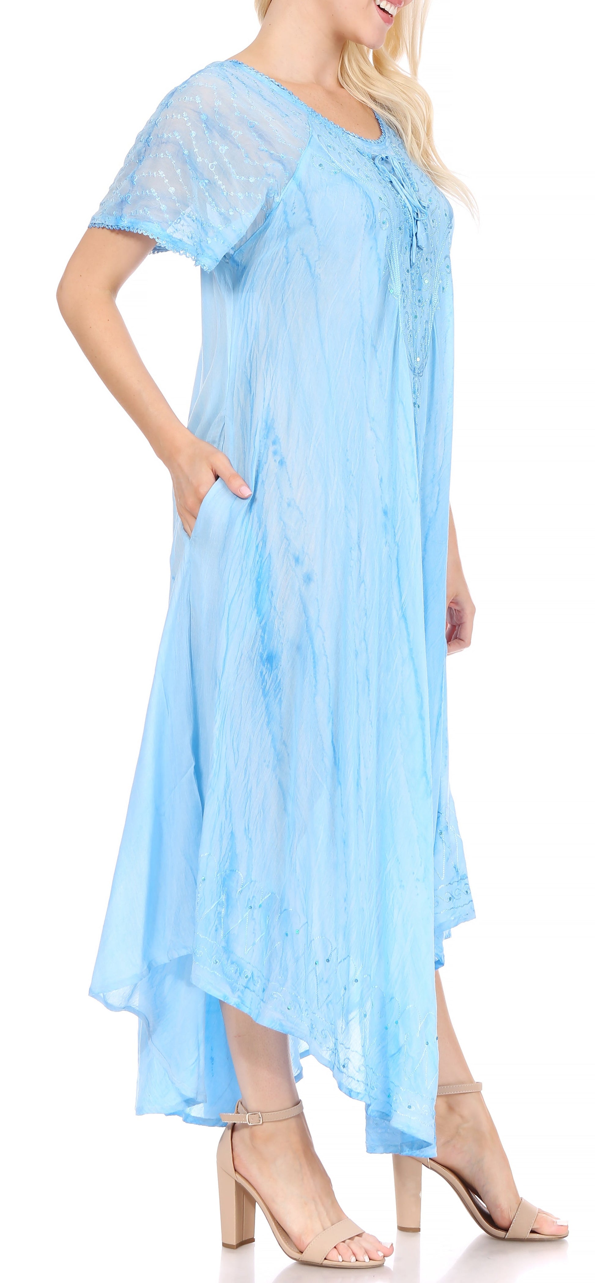 Sakkas Myani Two Tone Embroidered Sheer Cap Sleeve Caftan Long Dress | Cover Up - Concordia Style Boutique