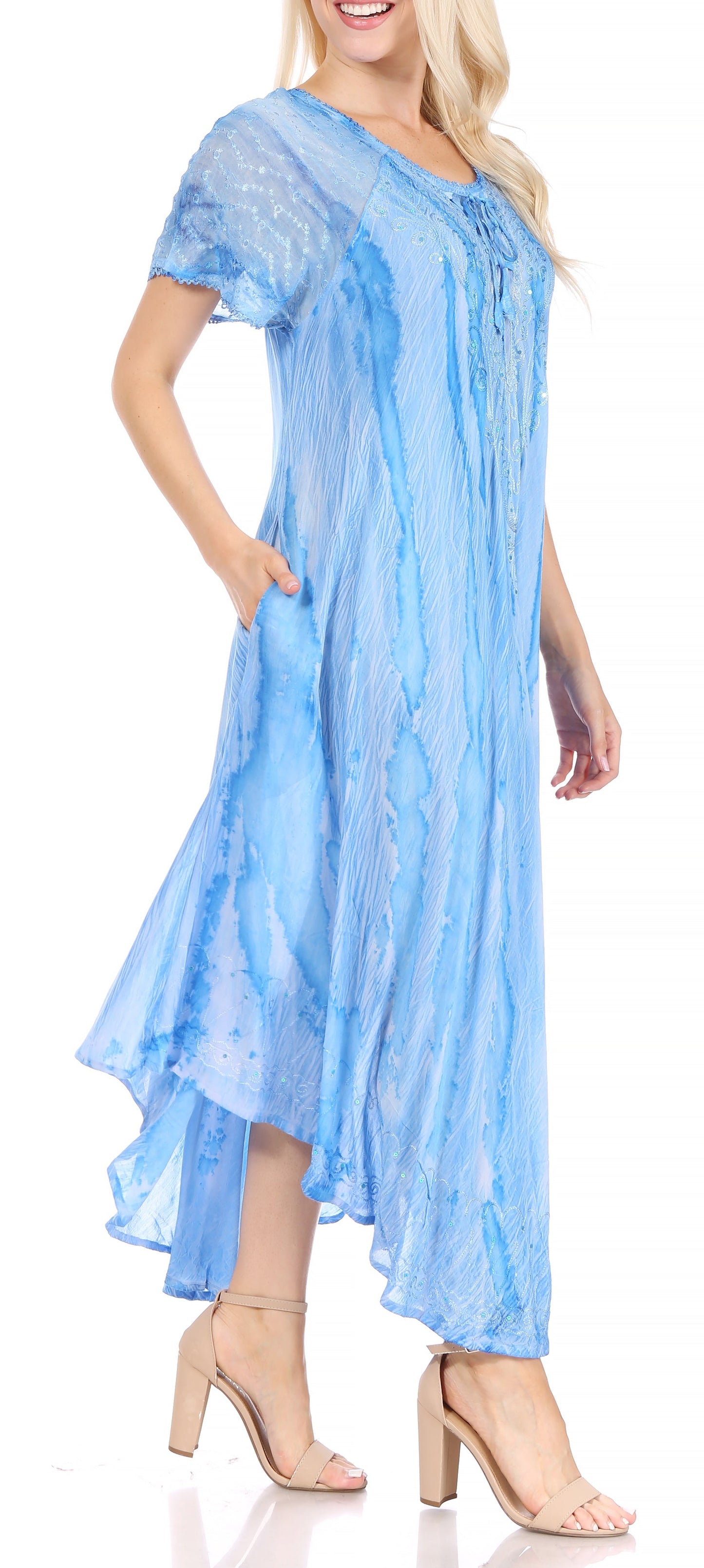 Sakkas Myani Two Tone Embroidered Sheer Cap Sleeve Caftan Long Dress | Cover Up - Concordia Style Boutique