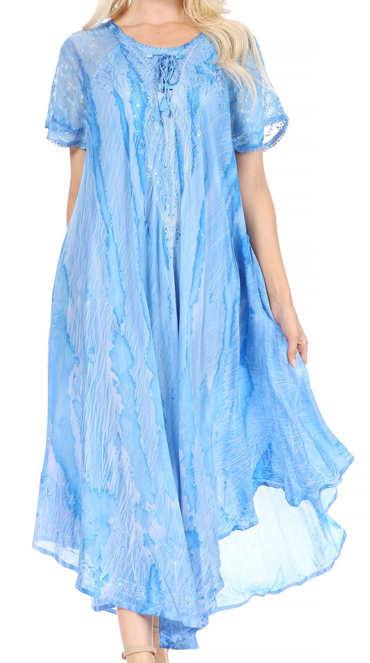 Sakkas Myani Two Tone Embroidered Sheer Cap Sleeve Caftan Long Dress | Cover Up - Concordia Style Boutique