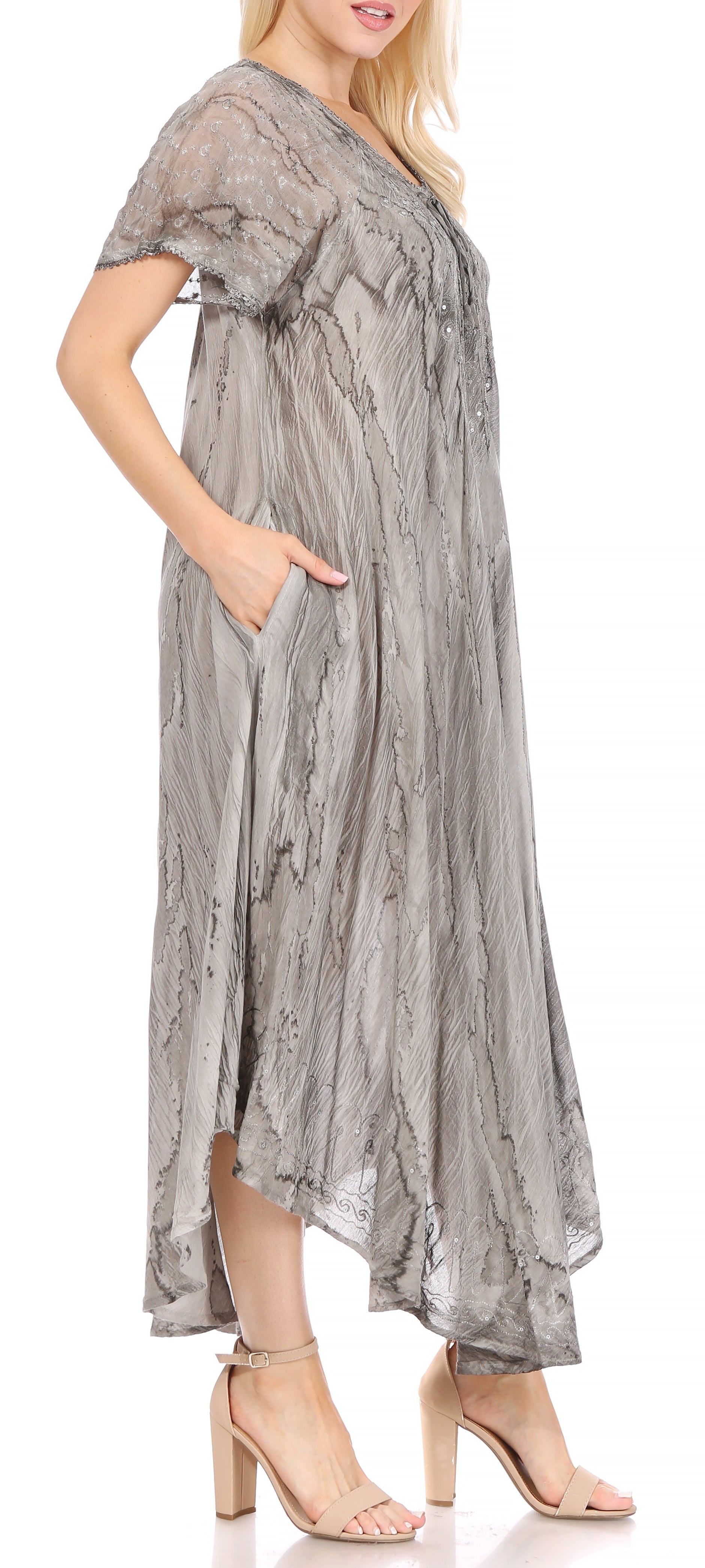 Sakkas Myani Two Tone Embroidered Sheer Cap Sleeve Caftan Long Dress | Cover Up - Concordia Style Boutique