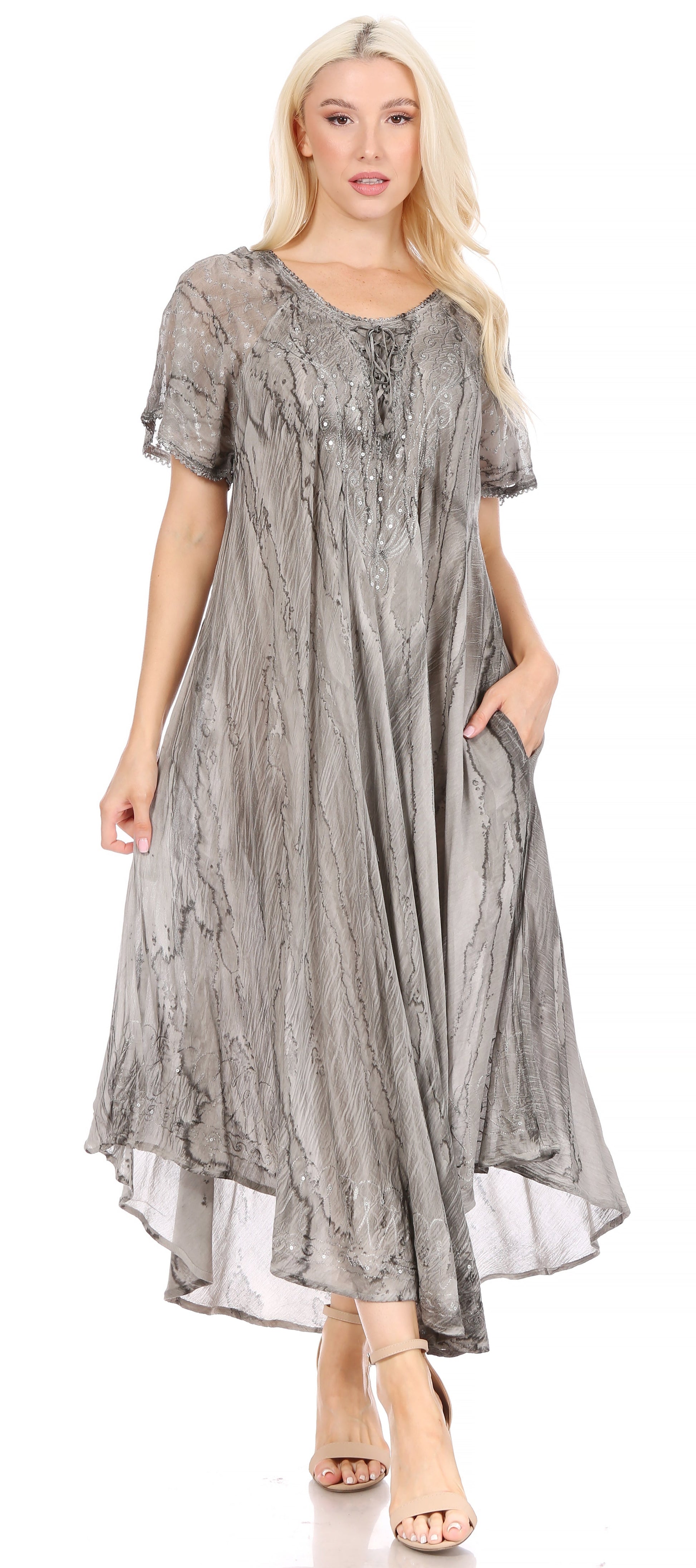 Sakkas Myani Two Tone Embroidered Sheer Cap Sleeve Caftan Long Dress | Cover Up - Concordia Style Boutique