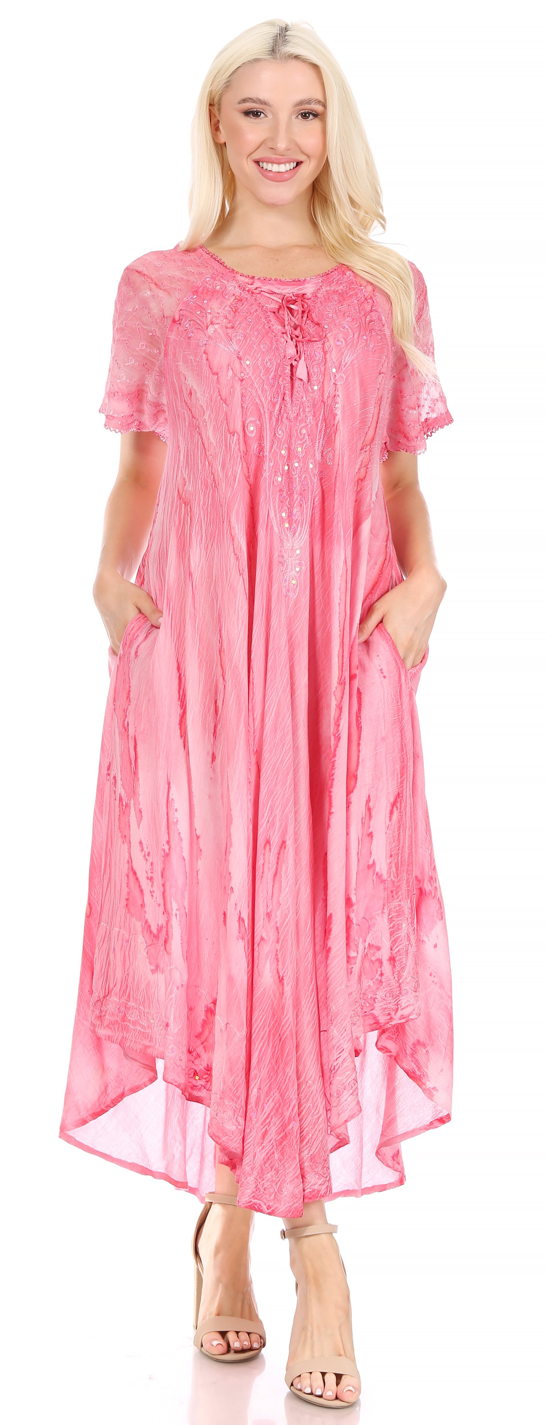 Sakkas Myani Two Tone Embroidered Sheer Cap Sleeve Caftan Long Dress | Cover Up - Concordia Style Boutique