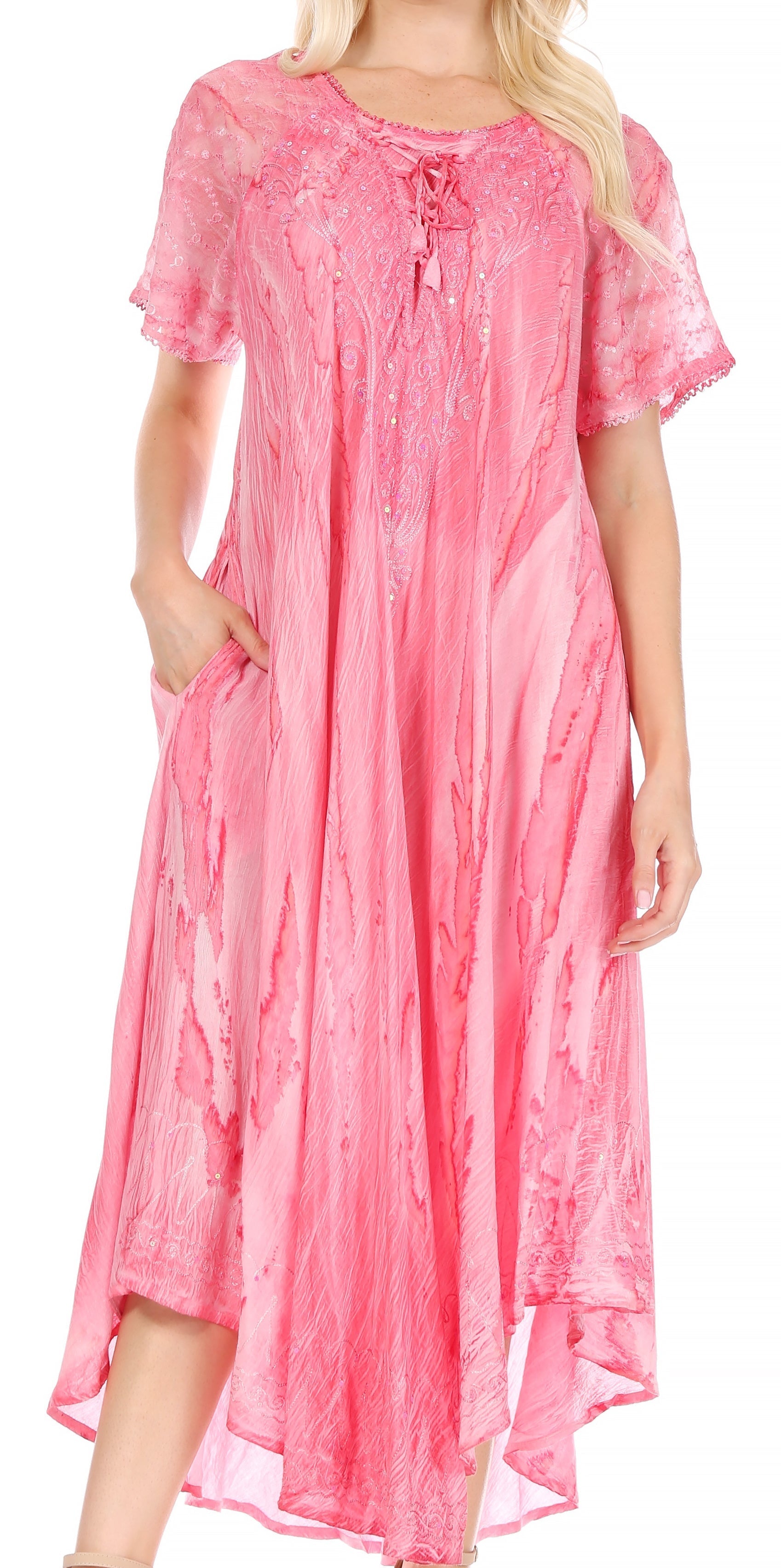 Sakkas Myani Two Tone Embroidered Sheer Cap Sleeve Caftan Long Dress | Cover Up - Concordia Style Boutique