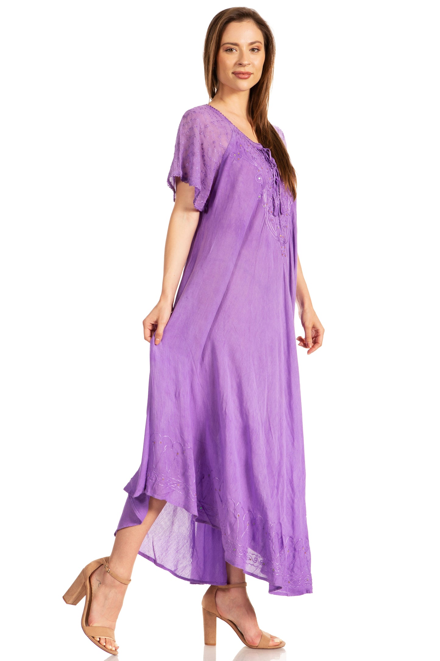 Sakkas Myani Two Tone Embroidered Sheer Cap Sleeve Caftan Long Dress | Cover Up - Concordia Style Boutique
