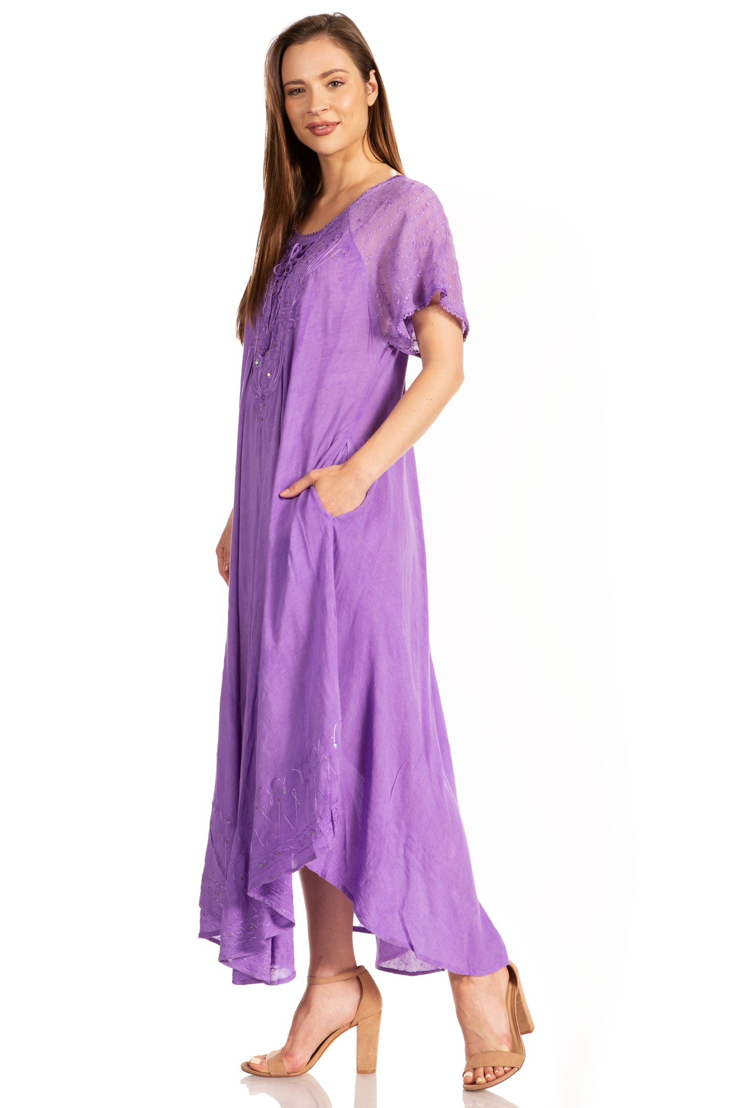 Sakkas Myani Two Tone Embroidered Sheer Cap Sleeve Caftan Long Dress | Cover Up - Concordia Style Boutique