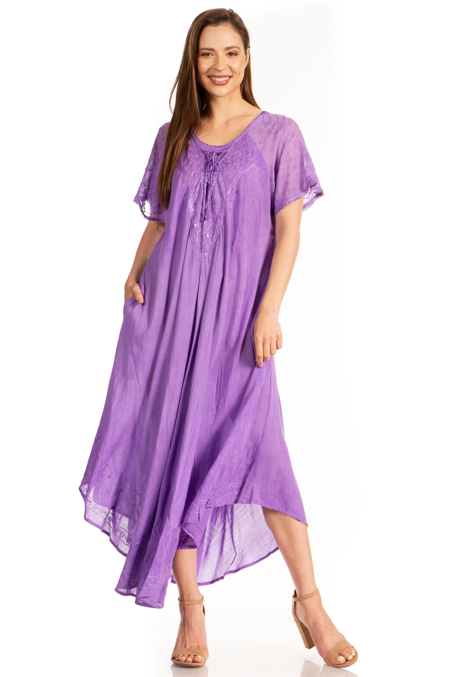 Sakkas Myani Two Tone Embroidered Sheer Cap Sleeve Caftan Long Dress | Cover Up - Concordia Style Boutique