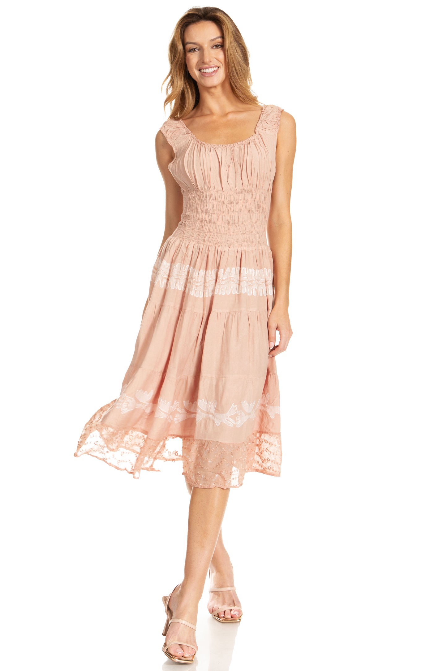 Sakkas Alba Women's Off The Shoulder Smock Ruffle Midi Dress Tie Dye & Embroidery - Concordia Style Boutique